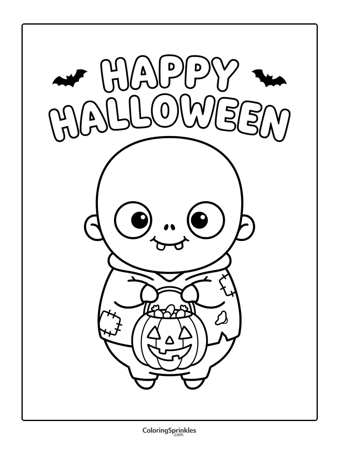 Coloring page of a cute zombie holding a candy basket with bats and happy halloween text