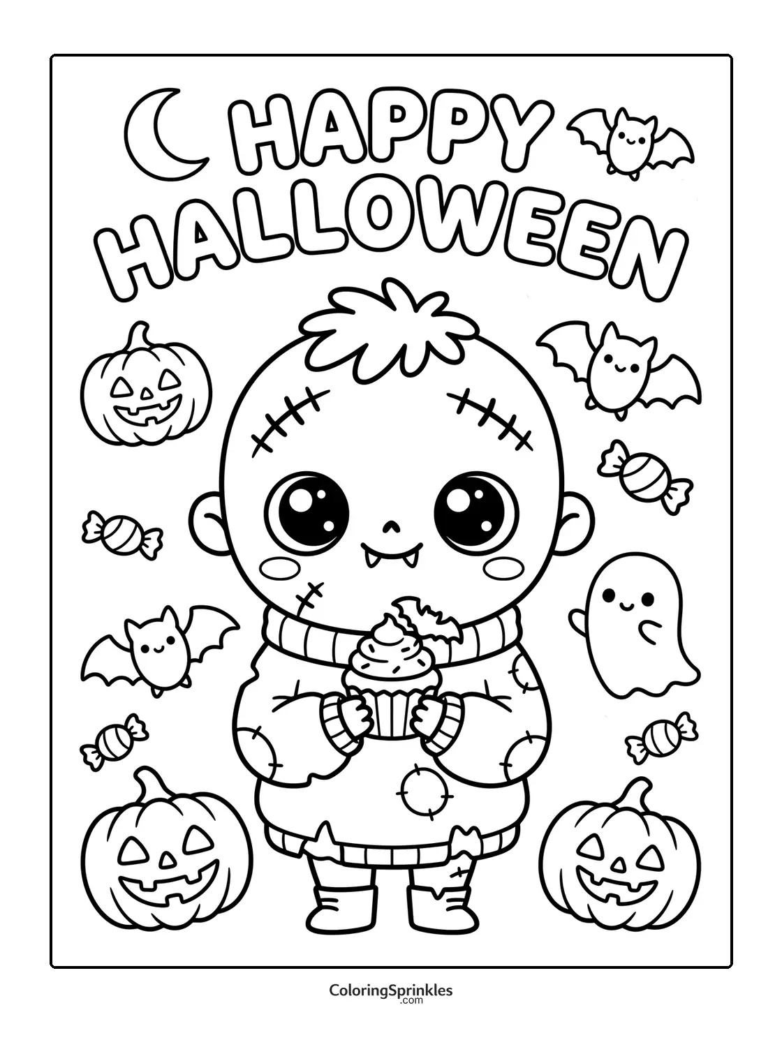 Coloring page of a cute zombie holding a cupcake with pumpkins, bats, and a ghost