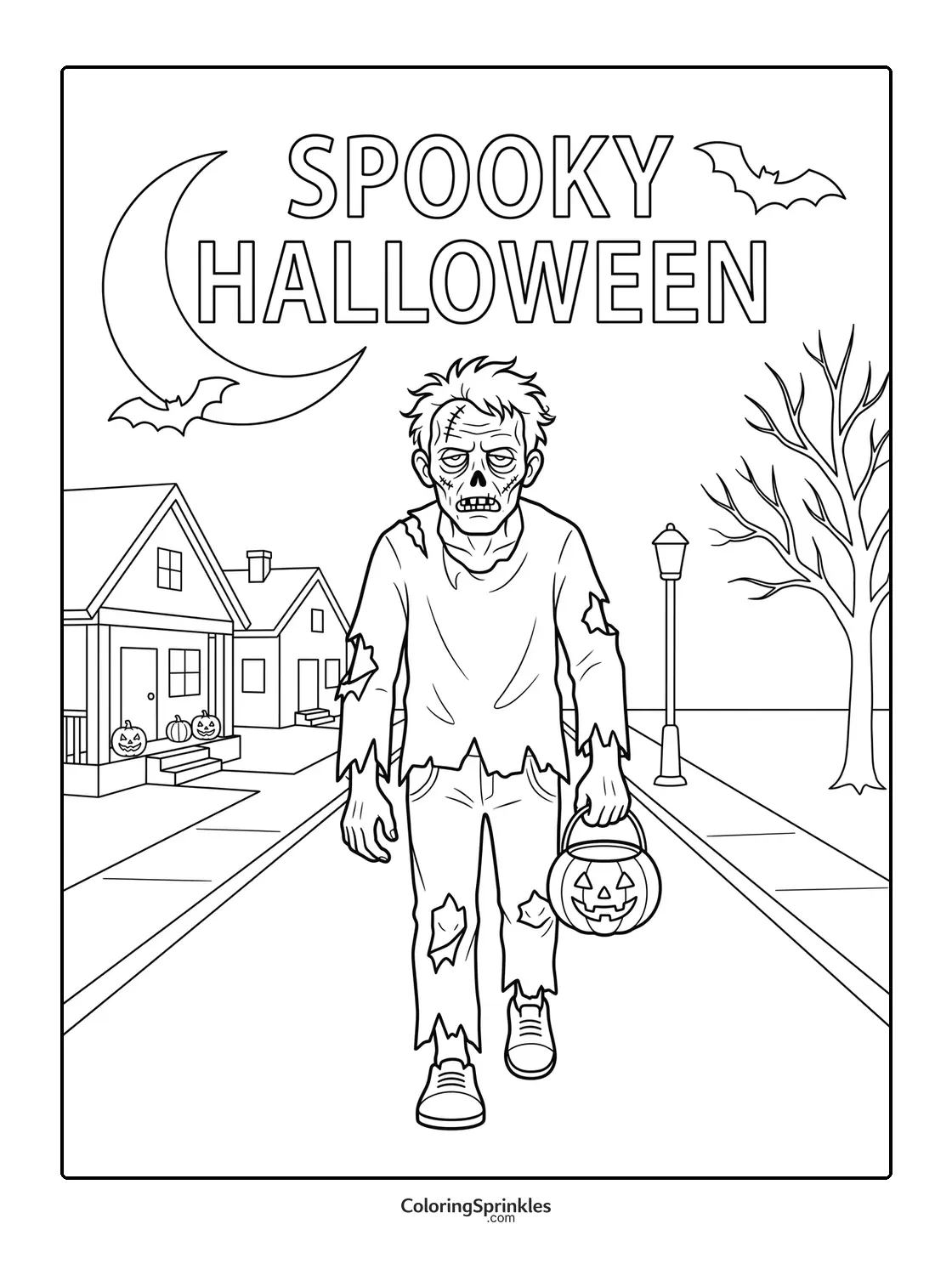 Coloring page of a zombie trick-or-treating on a street with houses and Halloween decorations