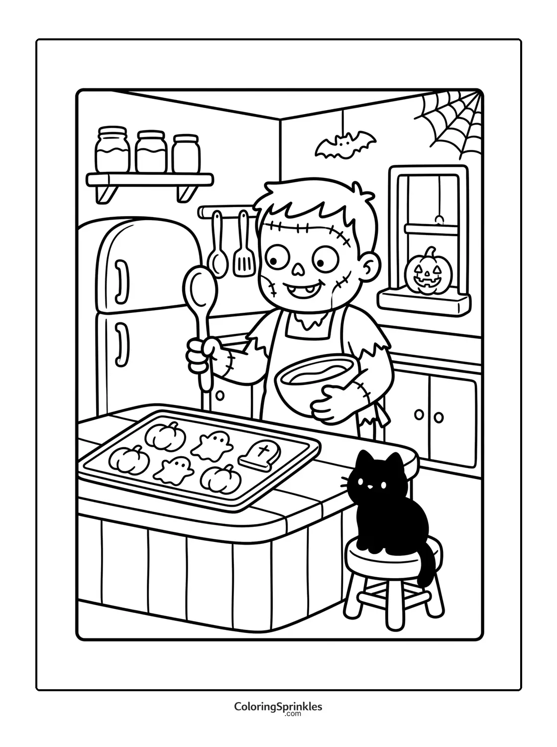Coloring page of a zombie baking Halloween cookies in a kitchen with a black cat
