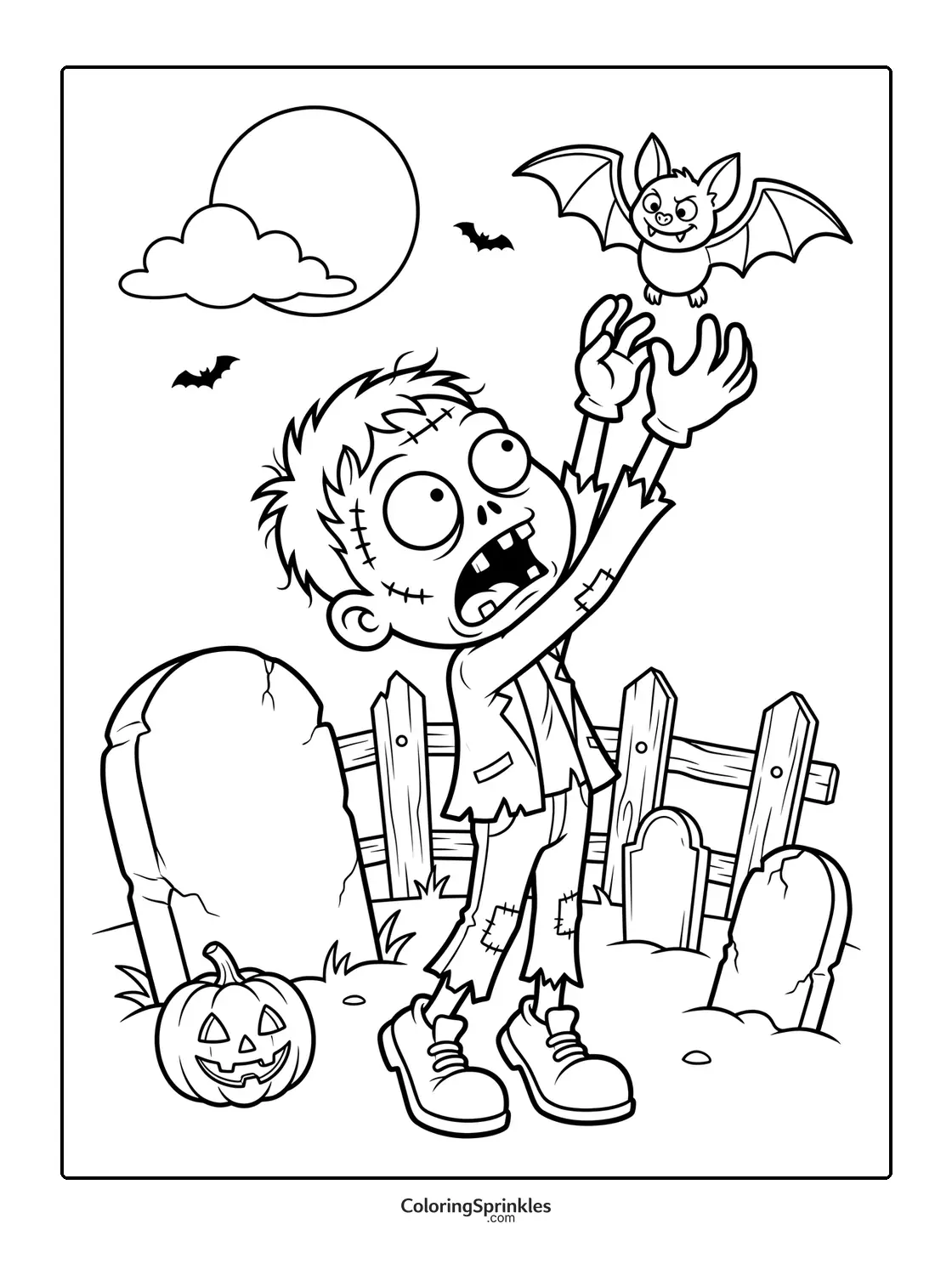 Coloring page of a zombie reaching for a bat in a graveyard with a pumpkin and full moon