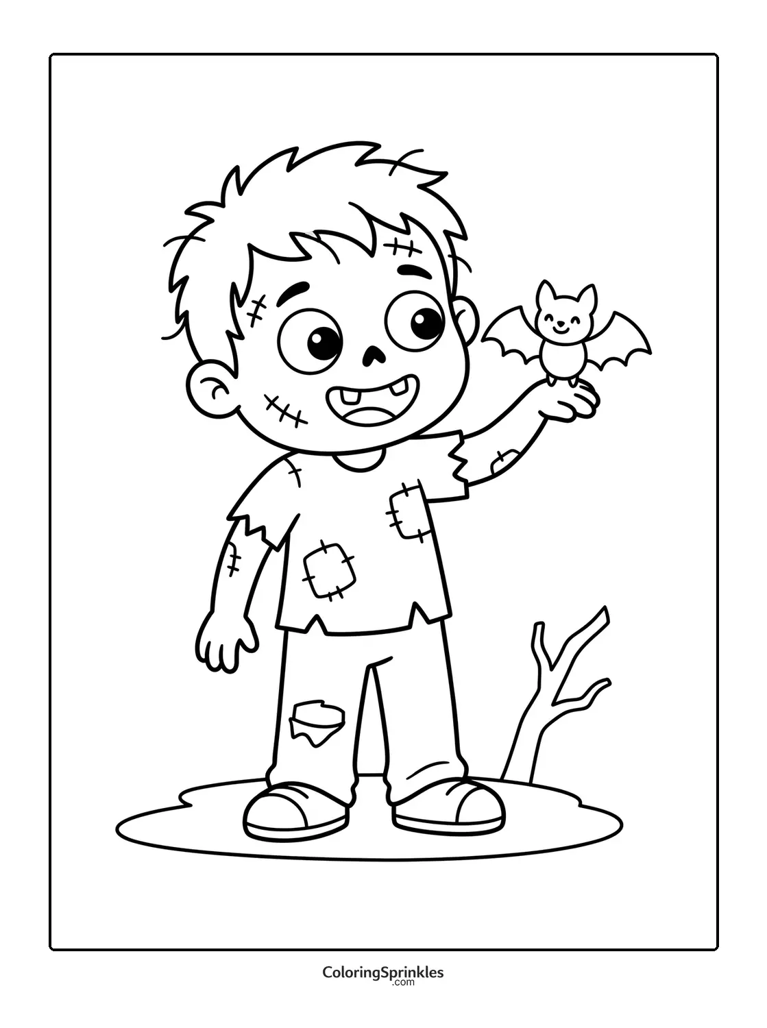 Coloring page of a zombie boy holding a bat on his hand near a tree