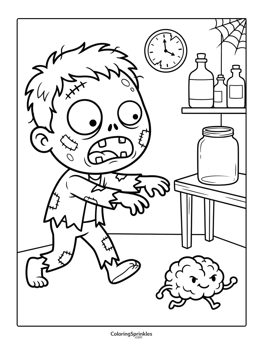 Coloring page of a zombie boy running from a walking brain in a lab