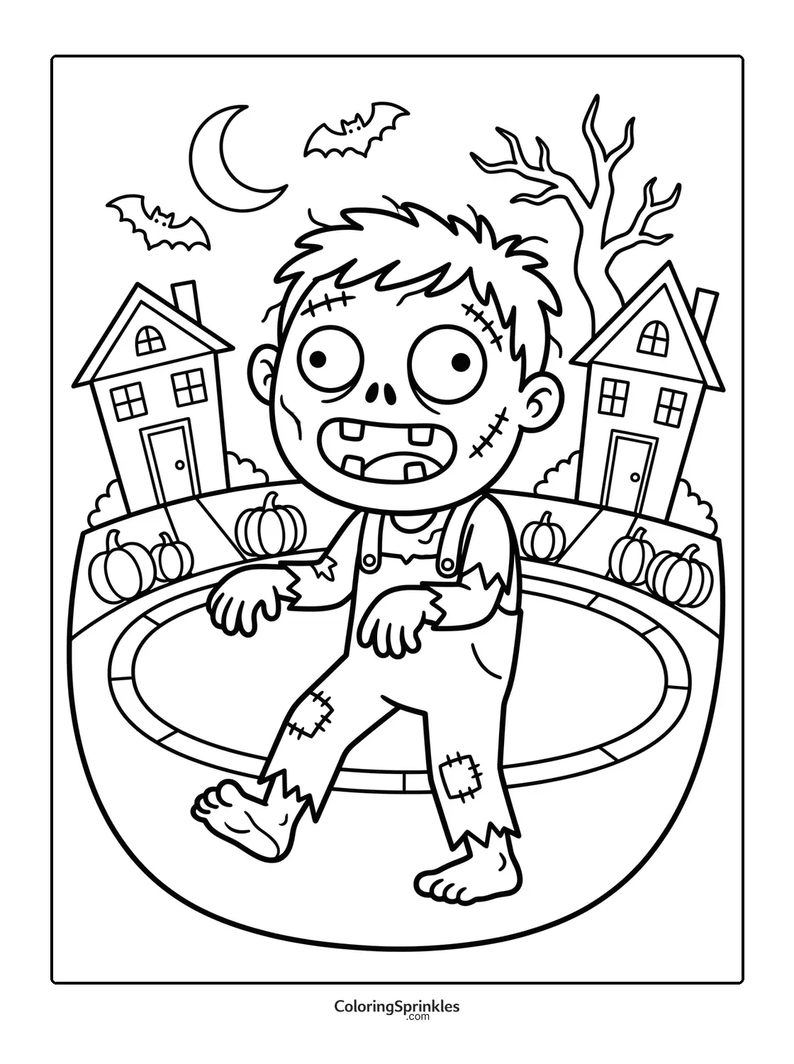 Coloring page of a zombie boy standing on a trampoline with pumpkins and houses in the background