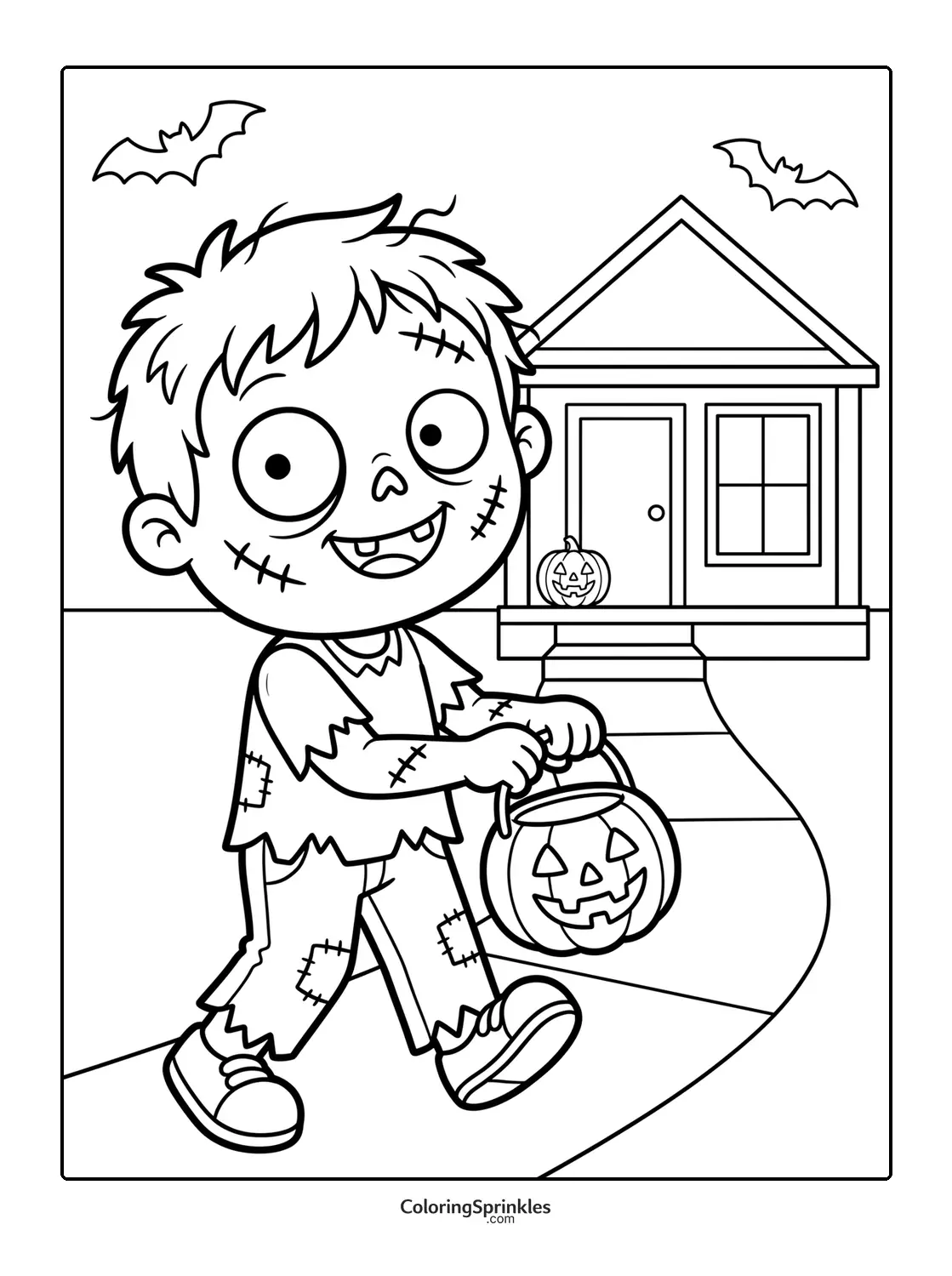 Coloring page of a zombie boy trick or treating near a house with bats