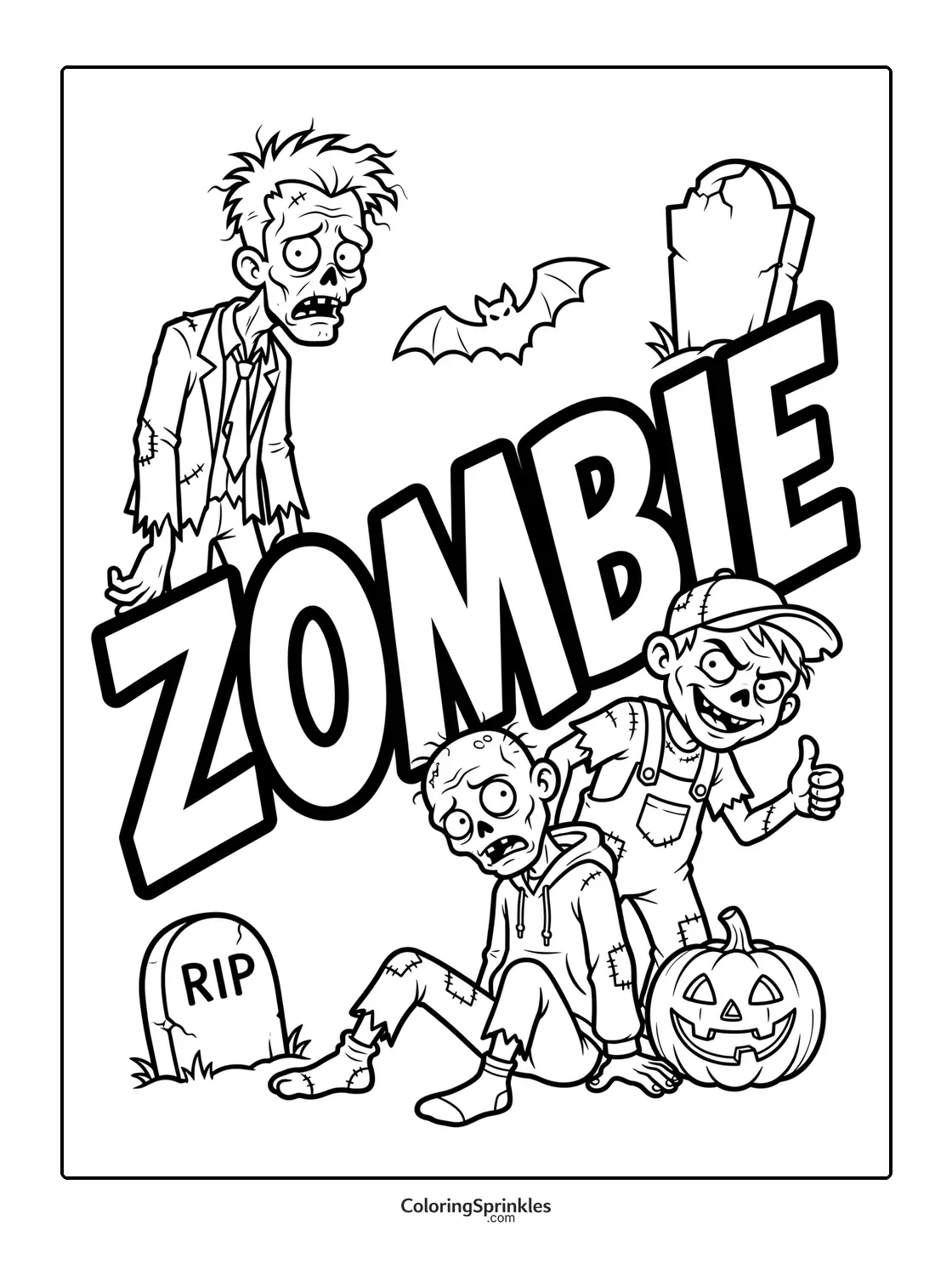 Coloring page of zombie children in a graveyard with a pumpkin and a bat