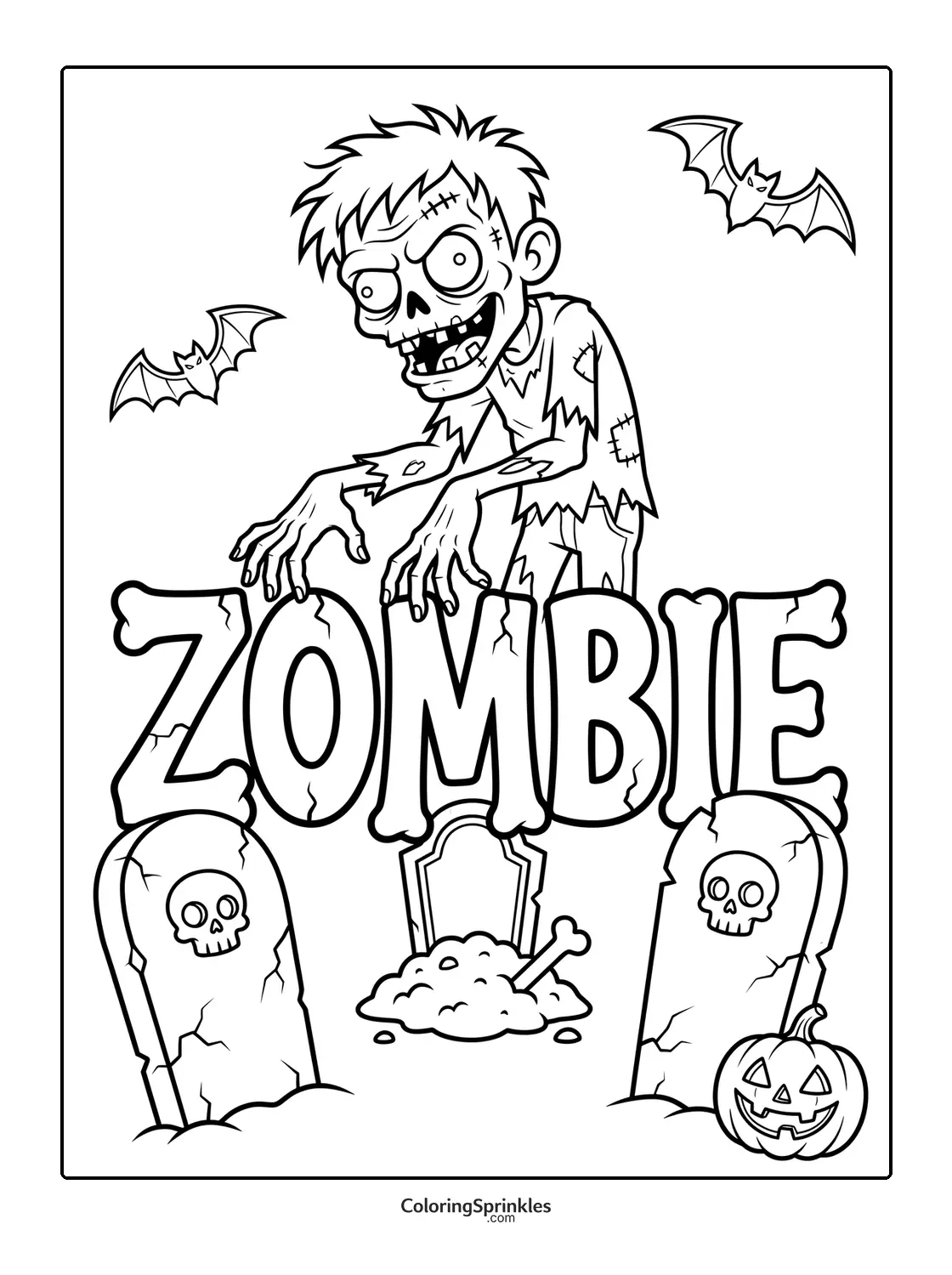 Coloring page of a zombie rising in a graveyard with bats and a pumpkin