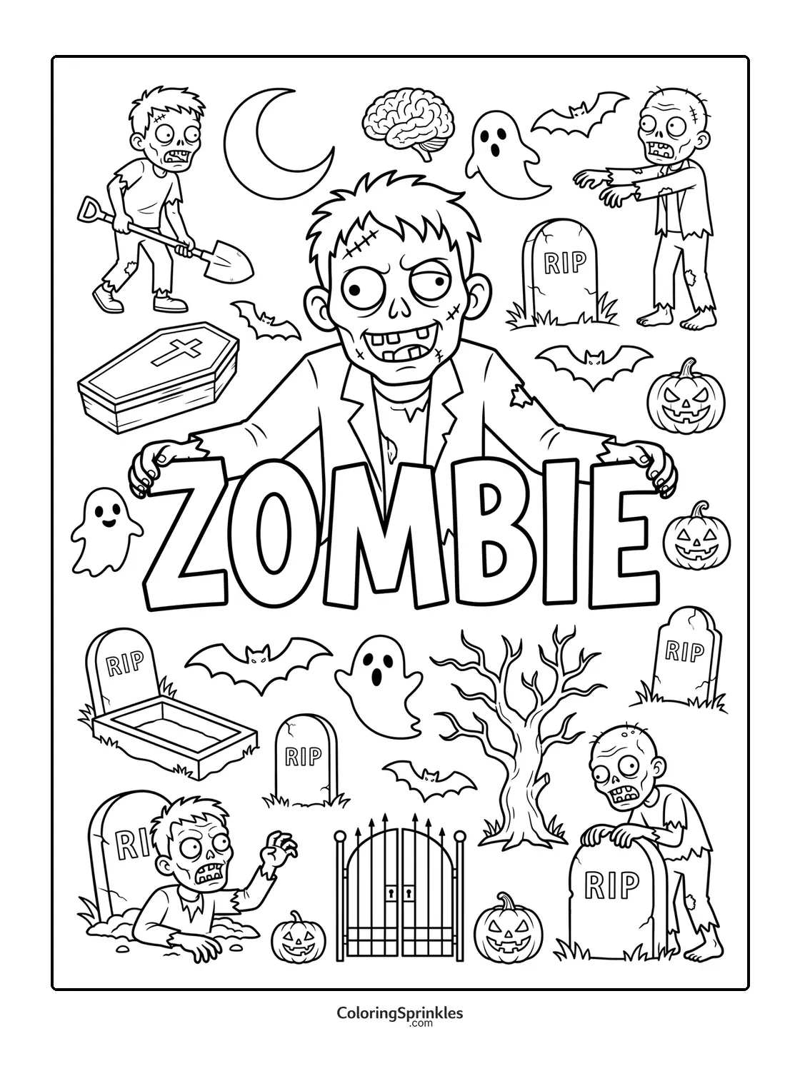 Coloring page of zombies in a graveyard with pumpkins, bats, and ghosts