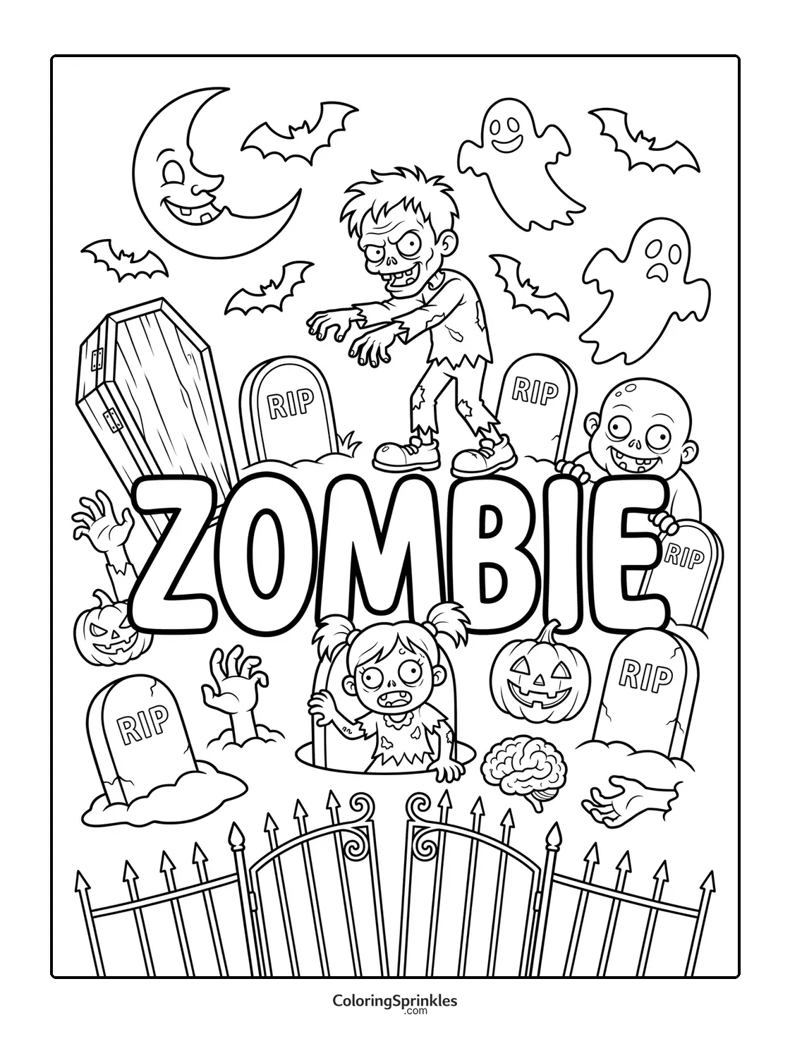 Coloring page of zombies in a Halloween graveyard with pumpkins and a gate