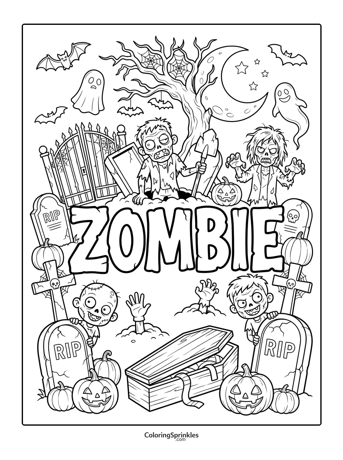 Coloring page of zombies in a Halloween graveyard with pumpkins and bats