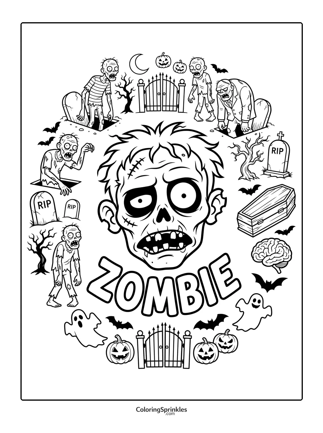 Coloring page of a zombie head surrounded by graveyard elements and ghosts