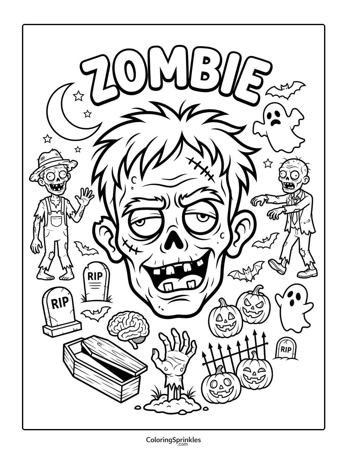 Coloring page of a zombie head with pumpkins, ghosts, and graveyard elements