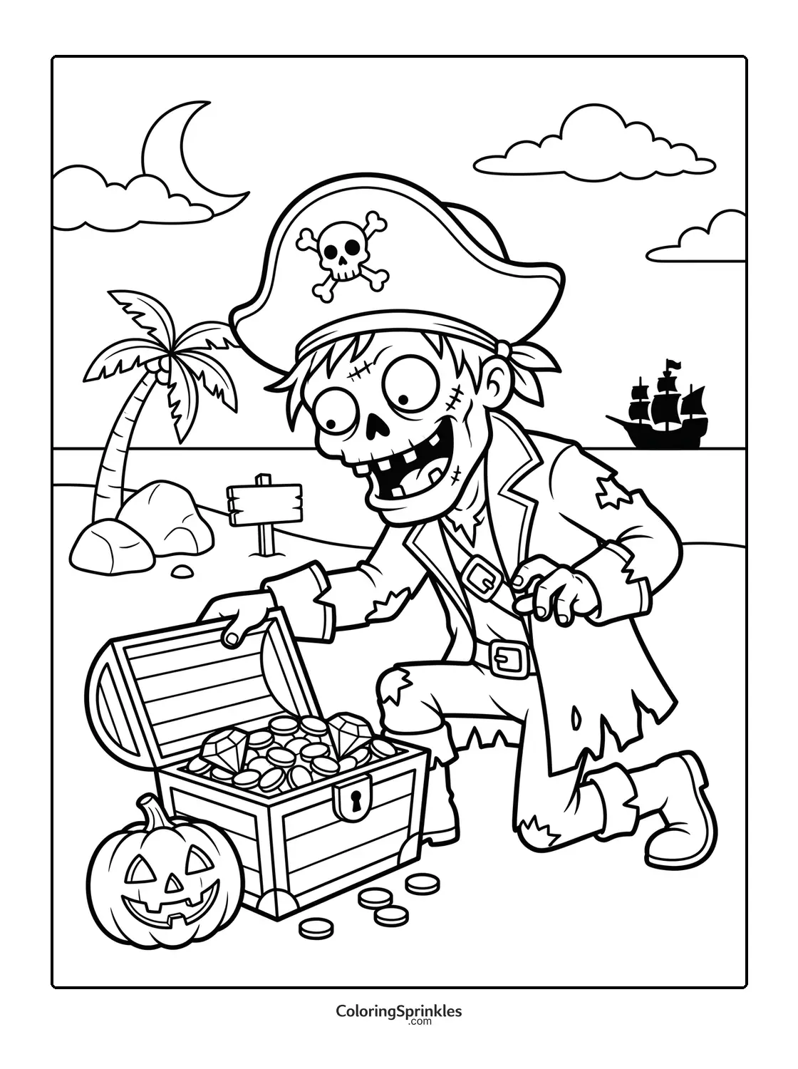 Coloring page of a zombie pirate finding a treasure chest on an island