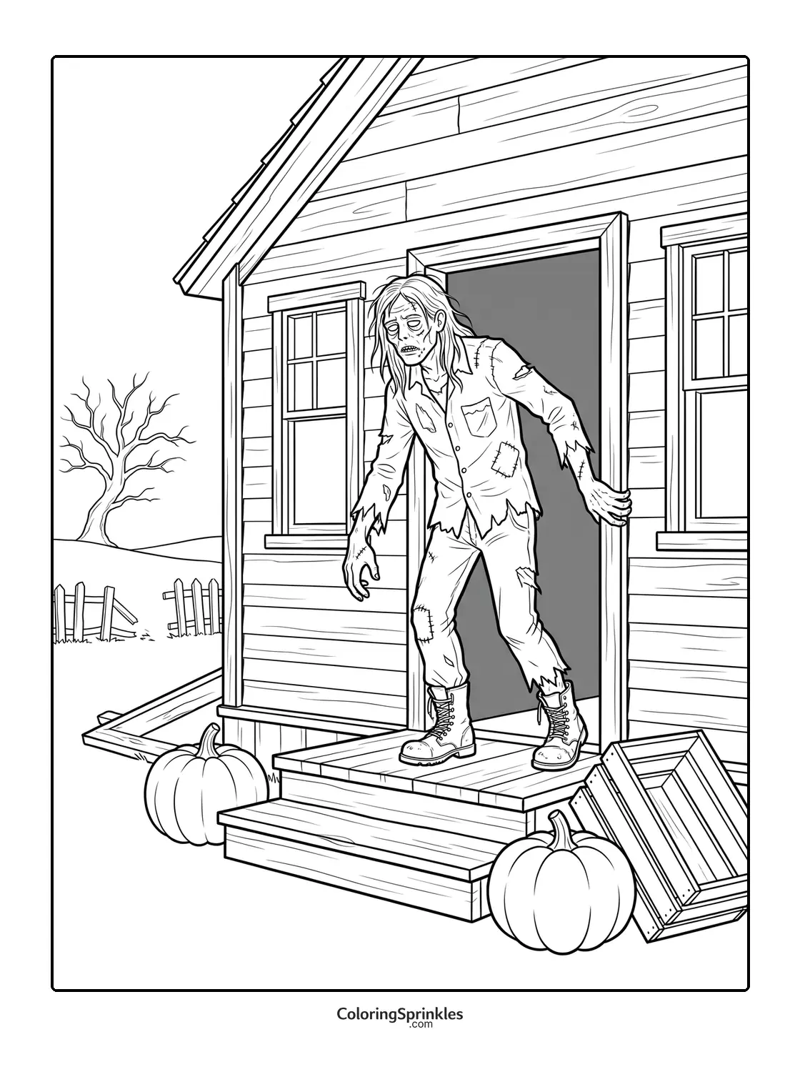 Coloring page of a zombie coming out of a wooden house porch with pumpkins