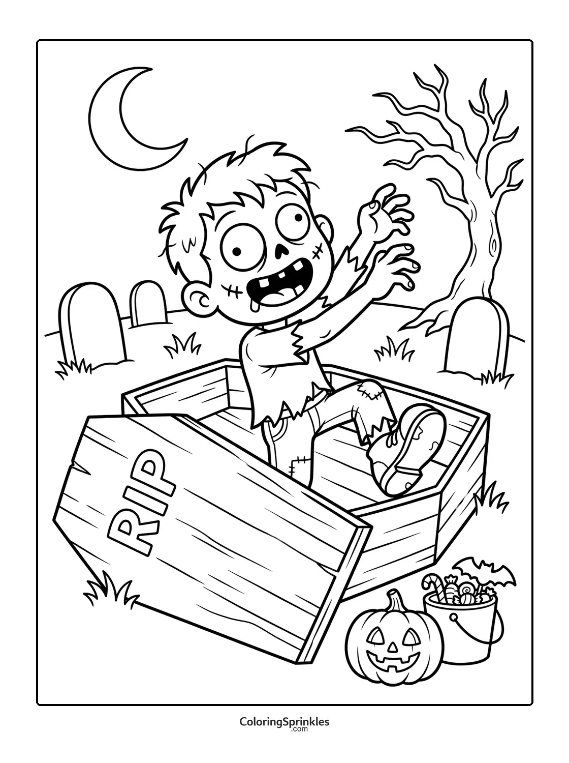 Coloring page of a zombie rising from a coffin in a graveyard
