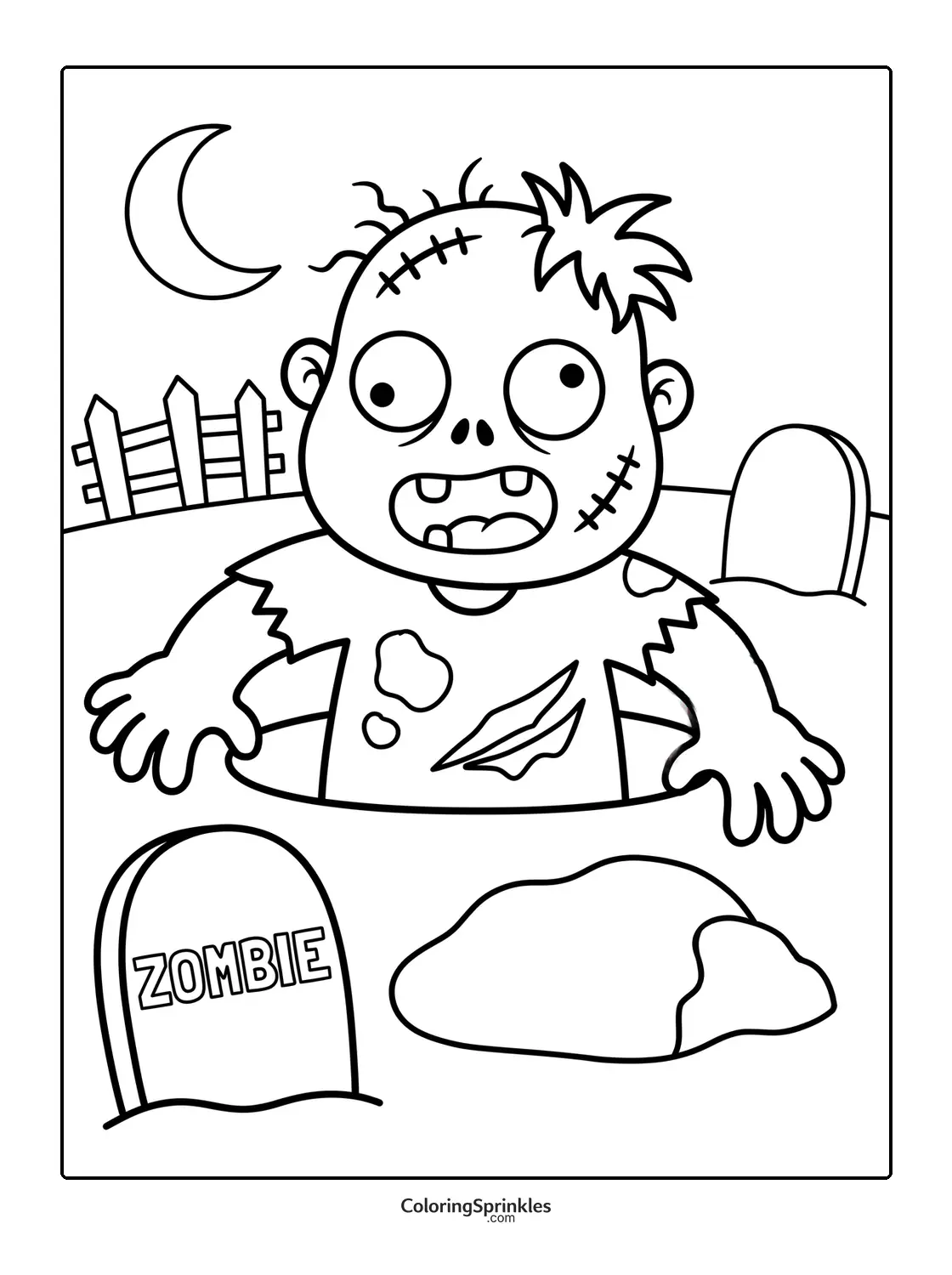Coloring page of a zombie rising from a graveyard at night