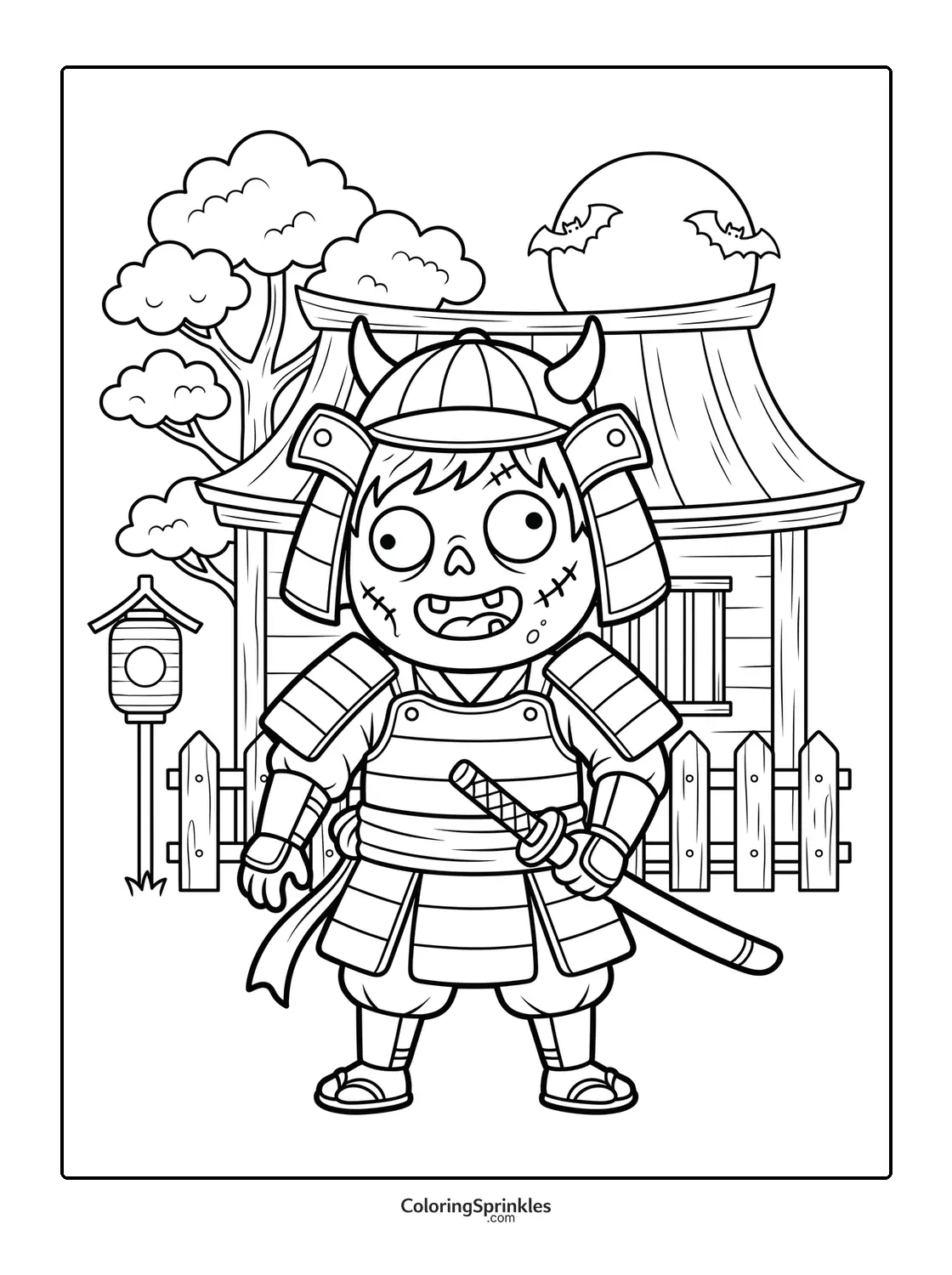Coloring page of a zombie samurai standing in front of a traditional house with bats and a full moon
