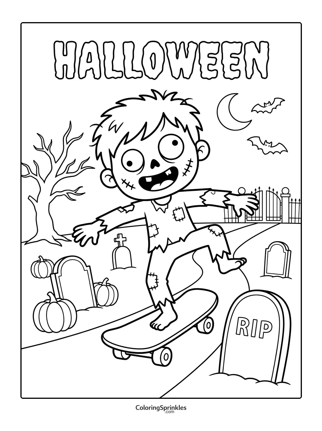 Coloring page of a zombie skateboarding in a graveyard with pumpkins