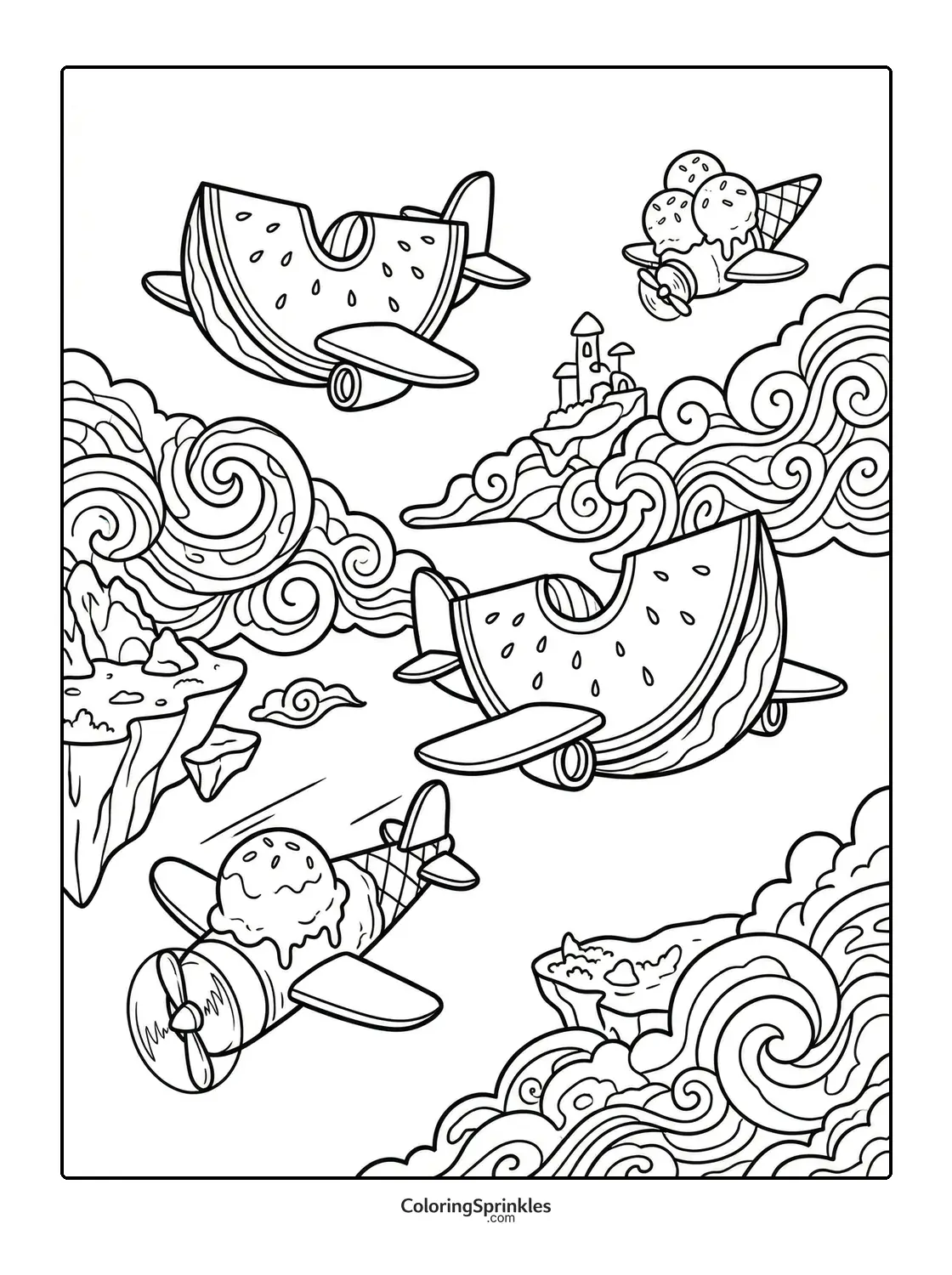 Coloring page of airplanes shaped like watermelon slices and ice cream cones flying among floating islands and swirling clouds