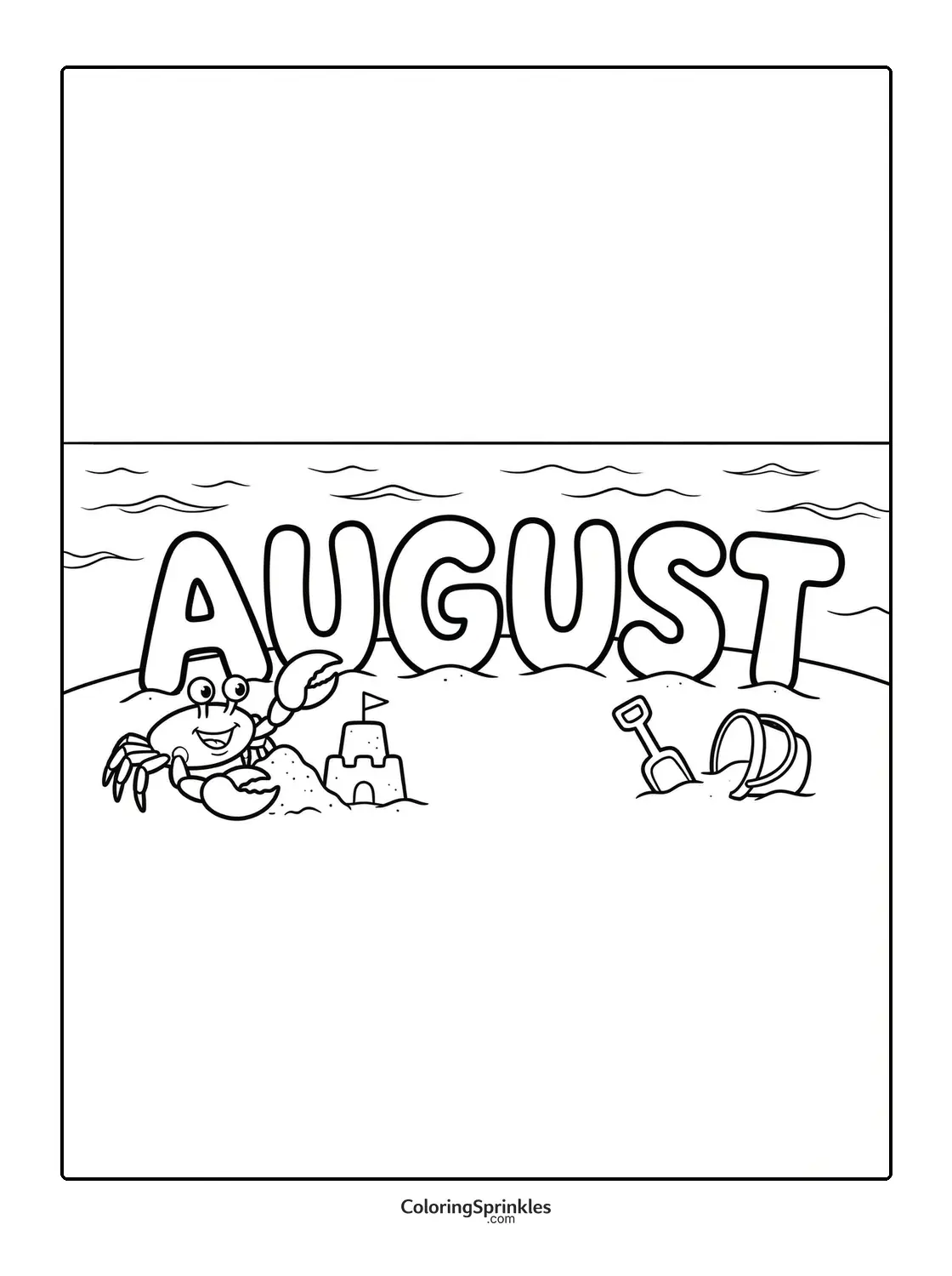 Coloring page of the word august with a crab building a sandcastle on the beach