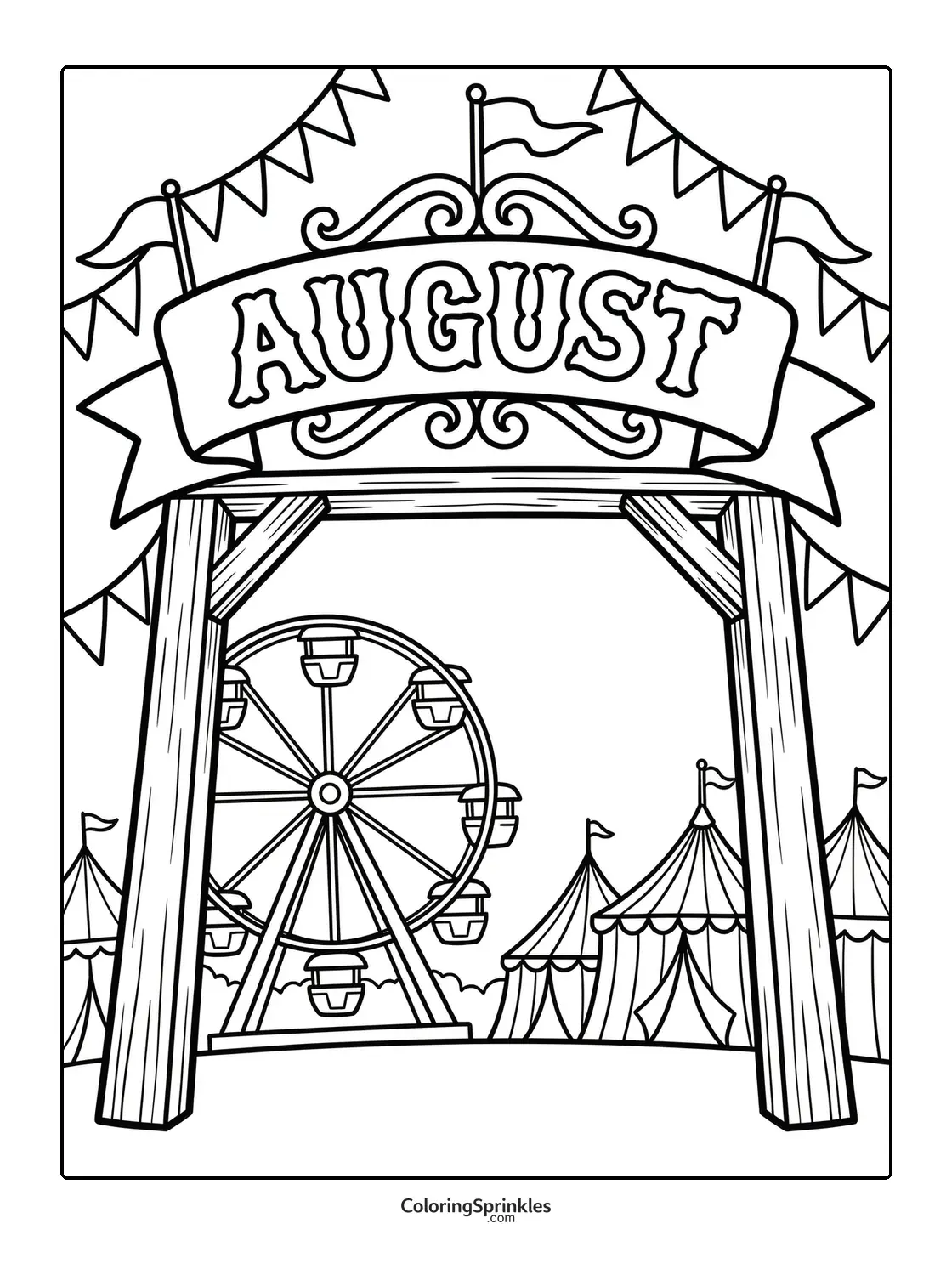 Coloring page of an August fair entrance with a Ferris wheel and tents