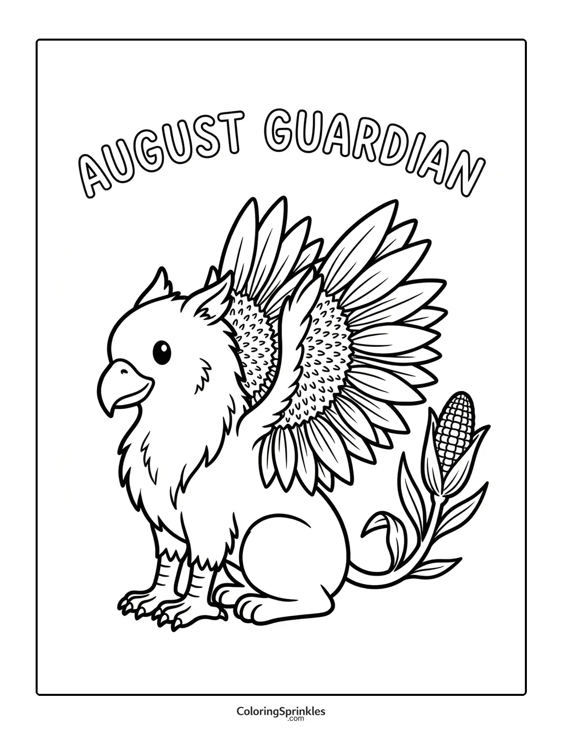 Coloring page of an August guardian griffin with sunflower wings and a corn tail