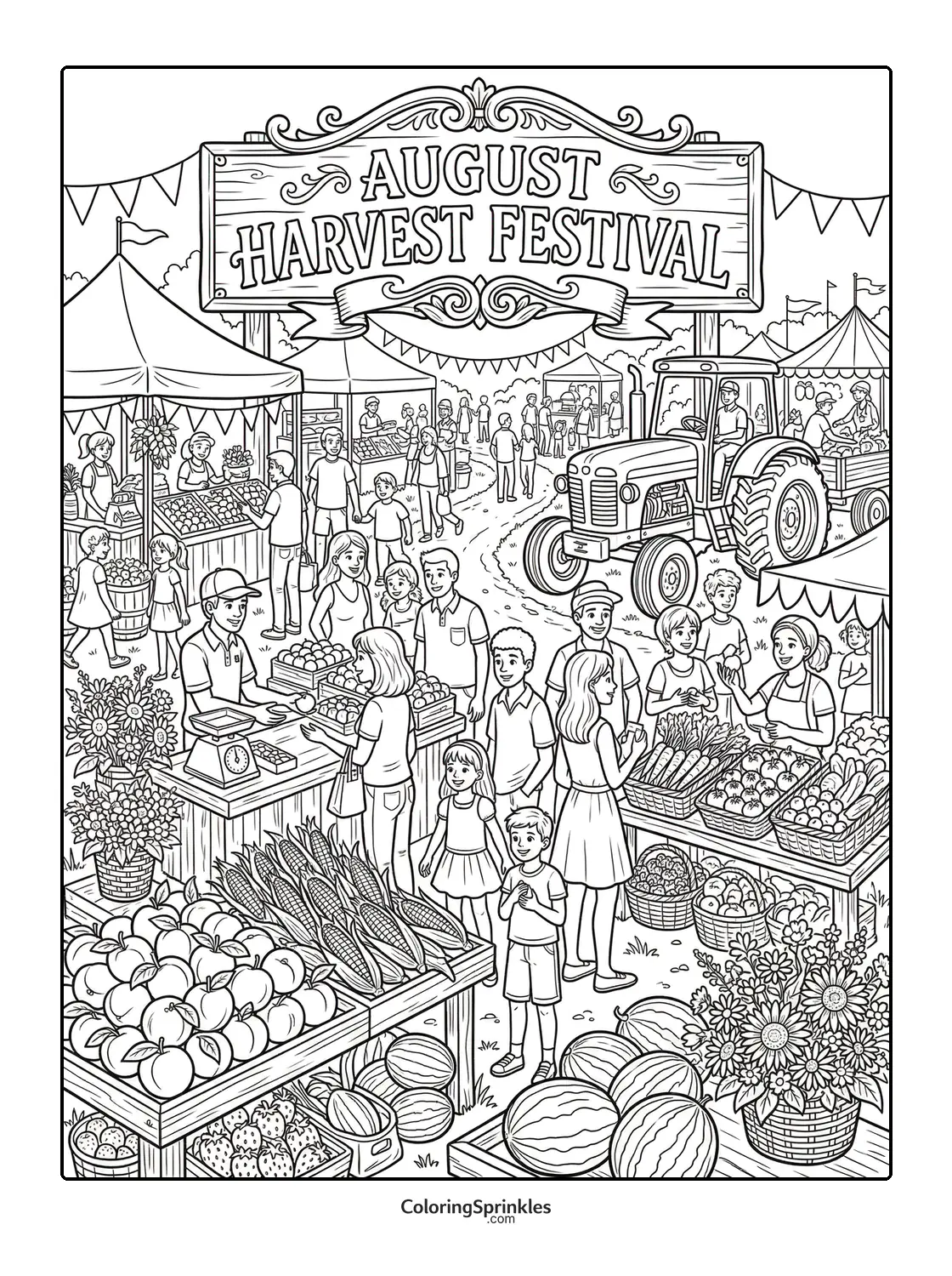 Coloring page of an August harvest festival market with people, vegetables, and a tractor