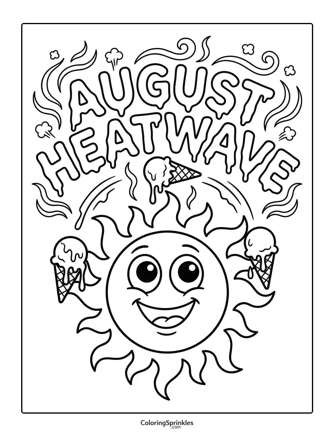 Coloring page of a smiling sun with melting ice cream cones and August heatwave text