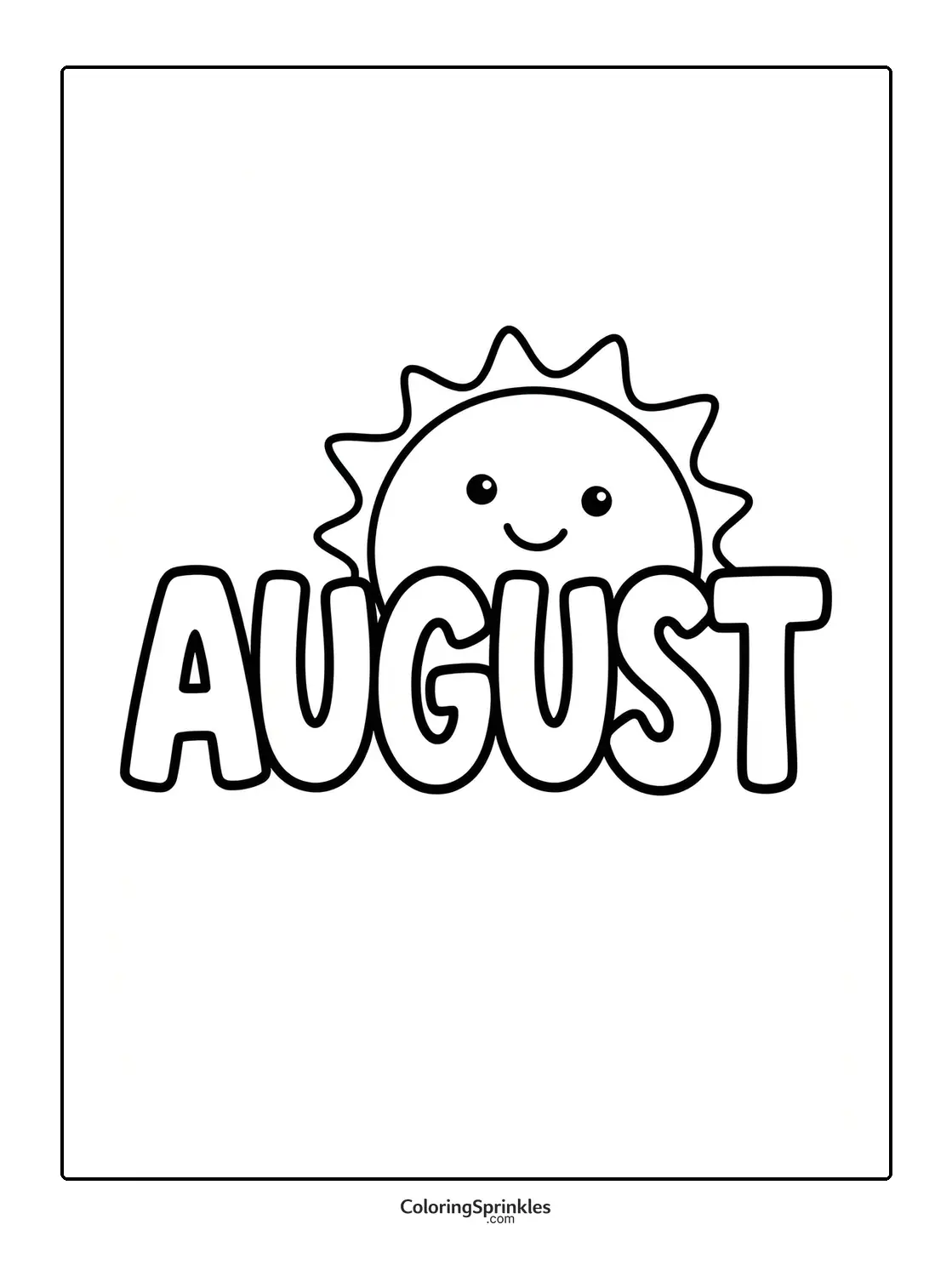 Coloring page of the word august with a smiling sun