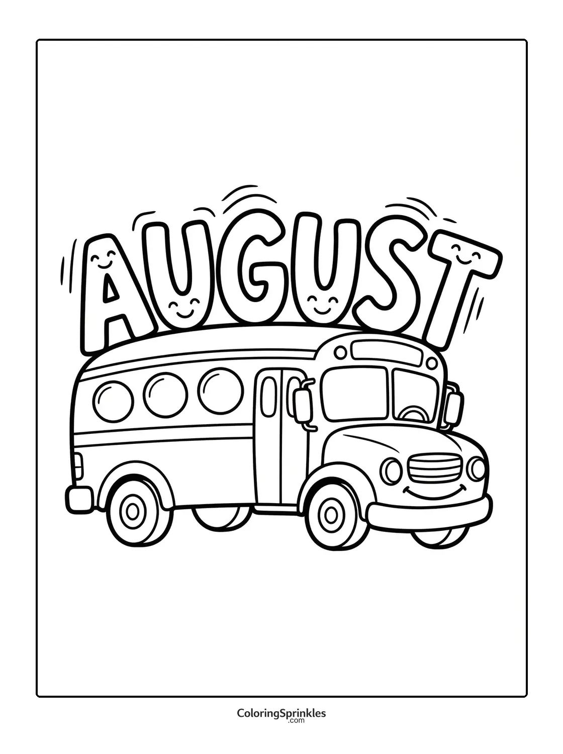 Coloring page of a smiling school bus with happy August letters