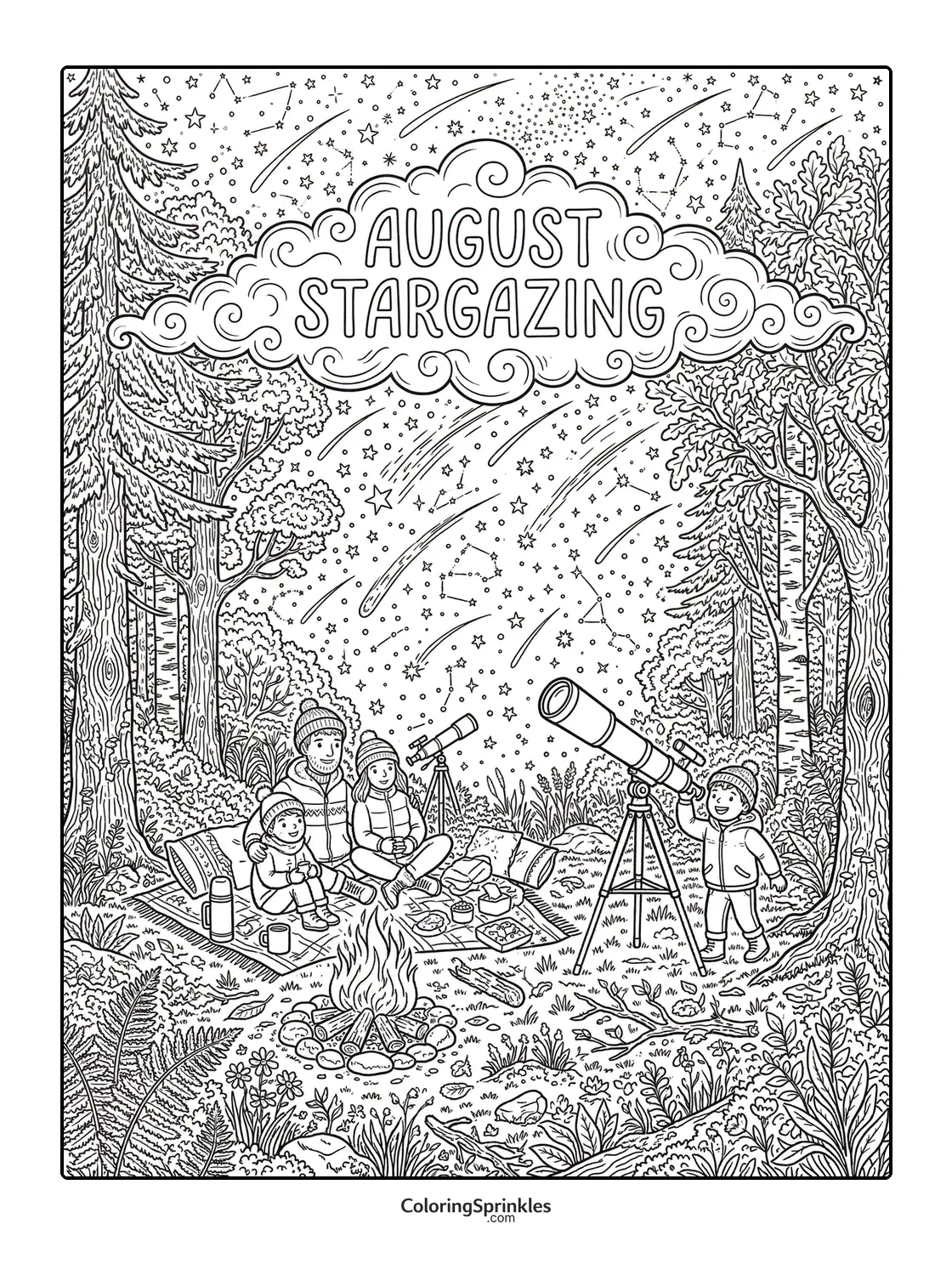 Coloring page of a family stargazing in a forest with telescopes and a campfire
