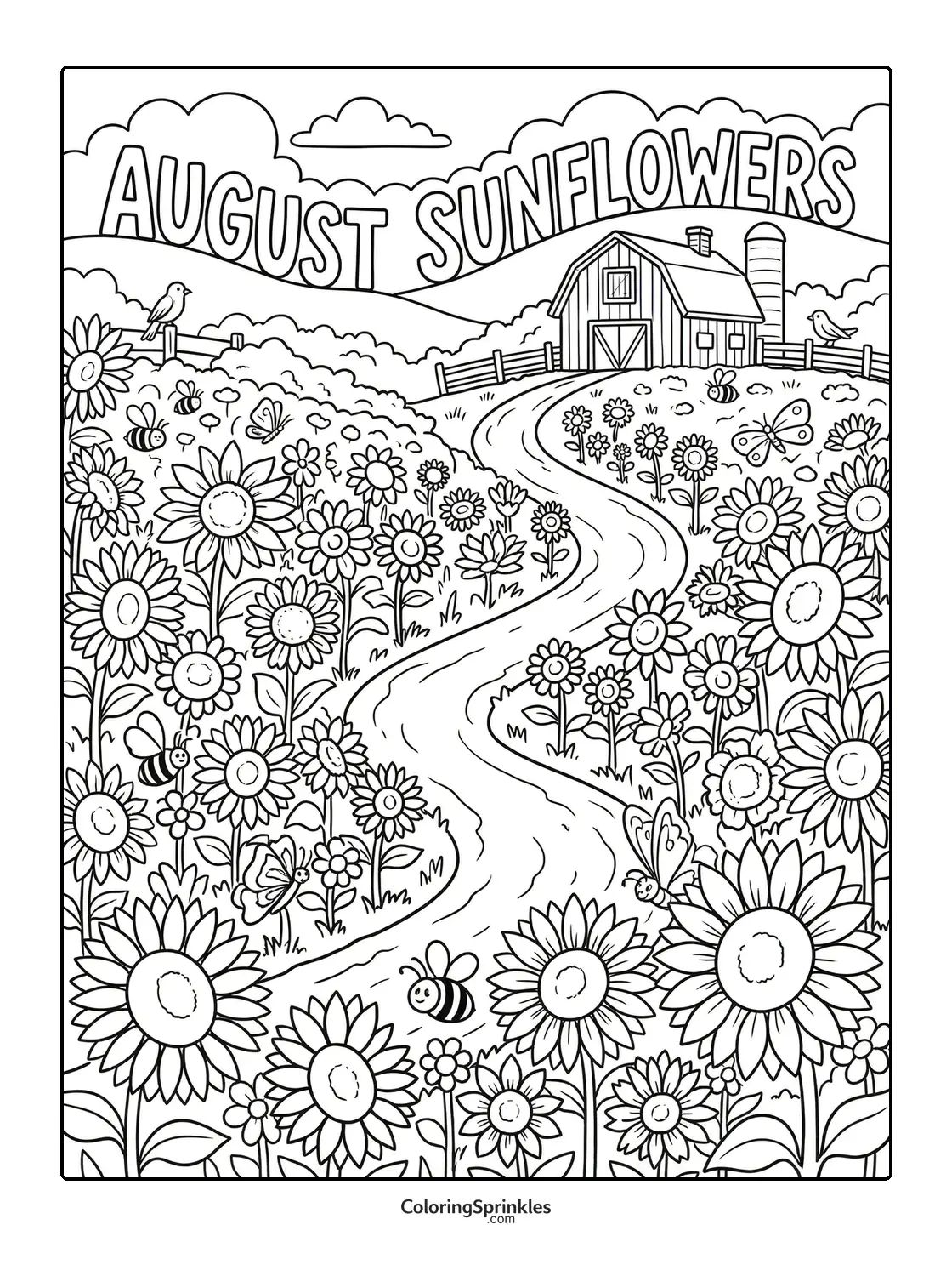 Coloring page of august sunflowers with a barn bees and butterflies