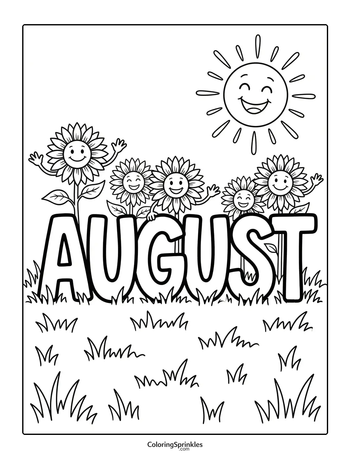 Coloring page of August with smiling sunflowers and a happy sun