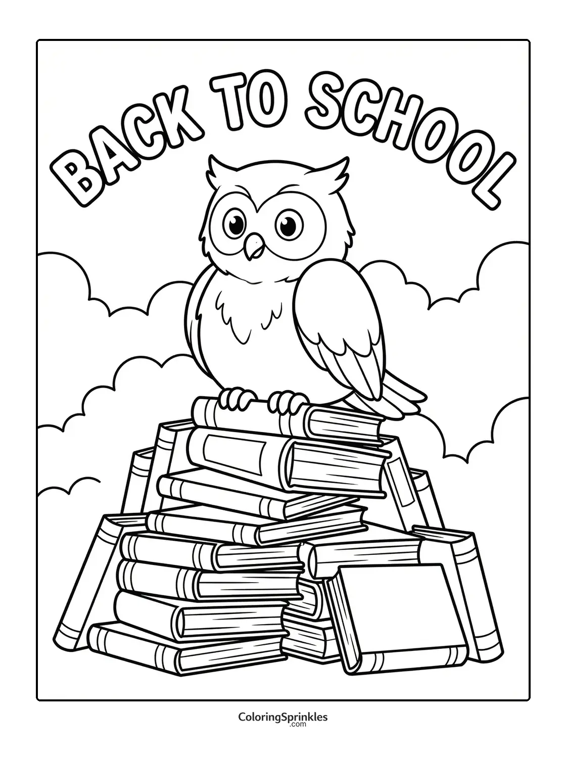 Coloring page of an owl perched on a pile of books with back to school text