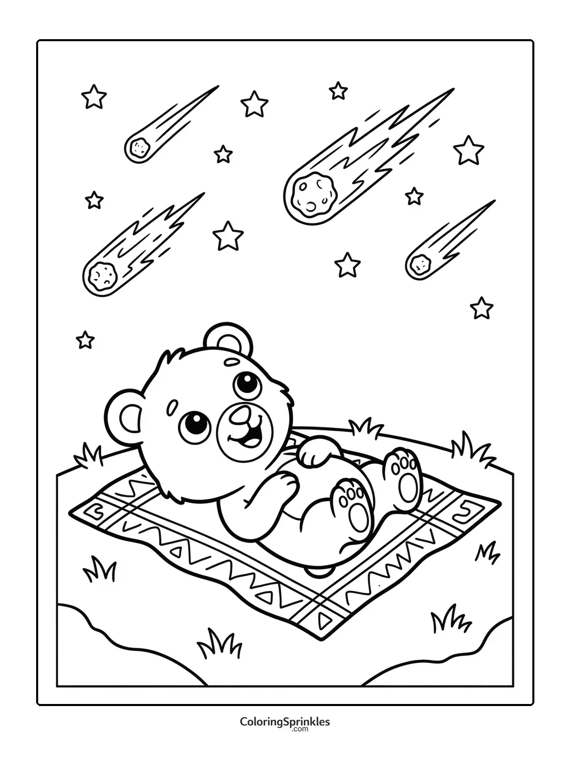 Coloring page of a bear lying on a blanket watching a meteor shower at night
