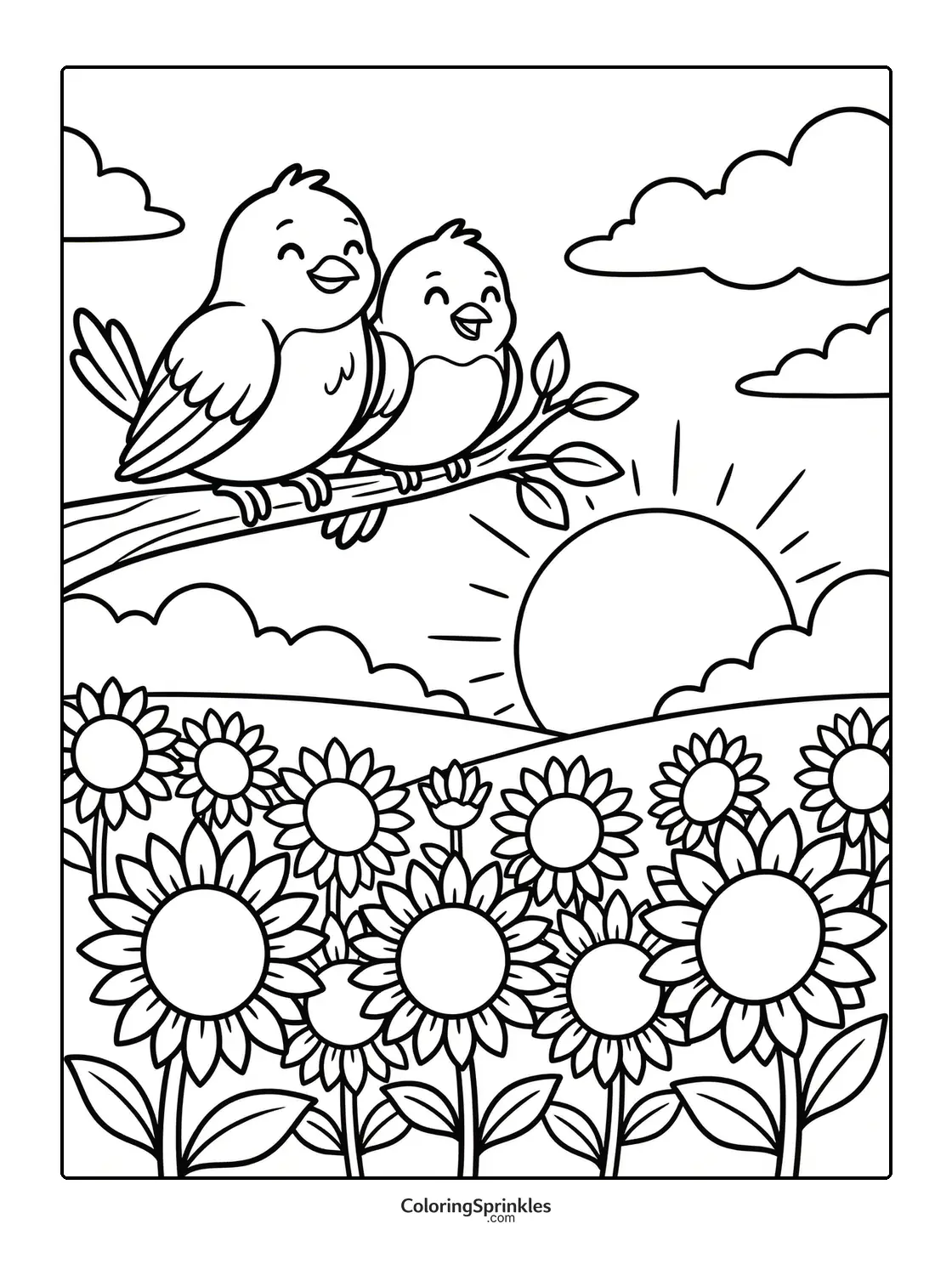 Coloring page of two birds sitting on a branch over sunflowers at sunrise