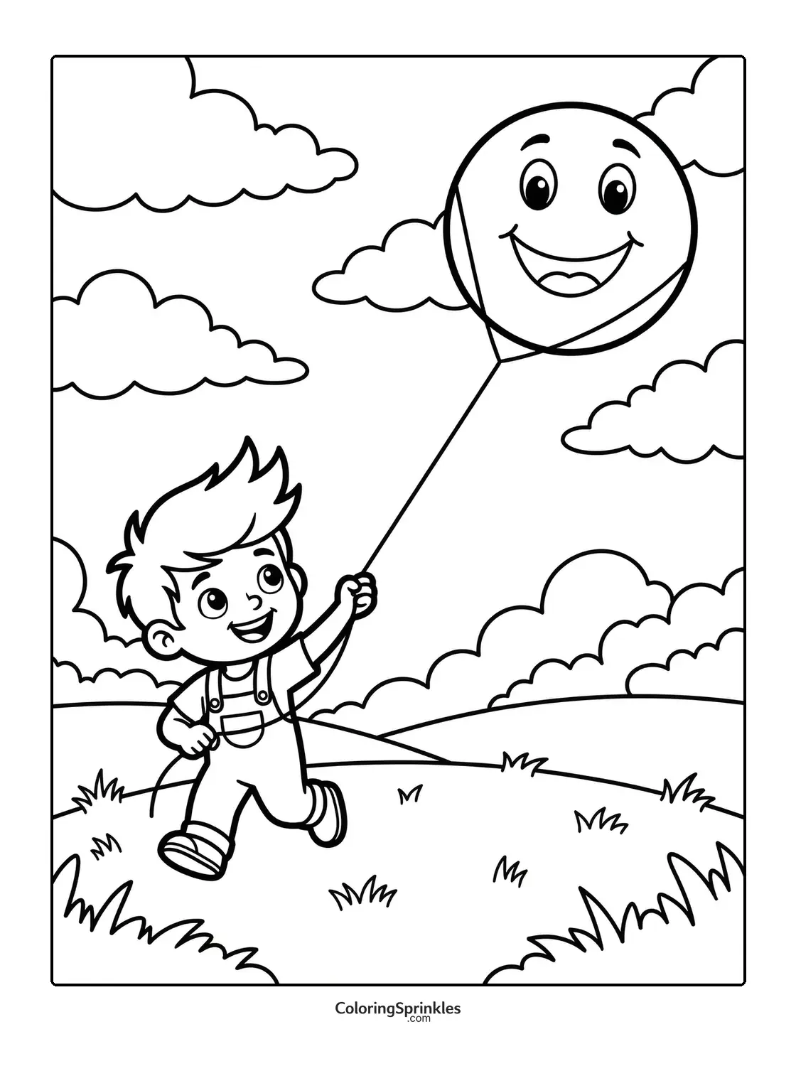 Coloring page of a boy holding a smiley face balloon outdoors