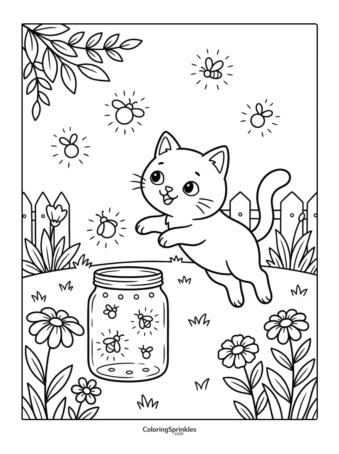 Coloring page of a cat catching bees near a jar in a garden with flowers