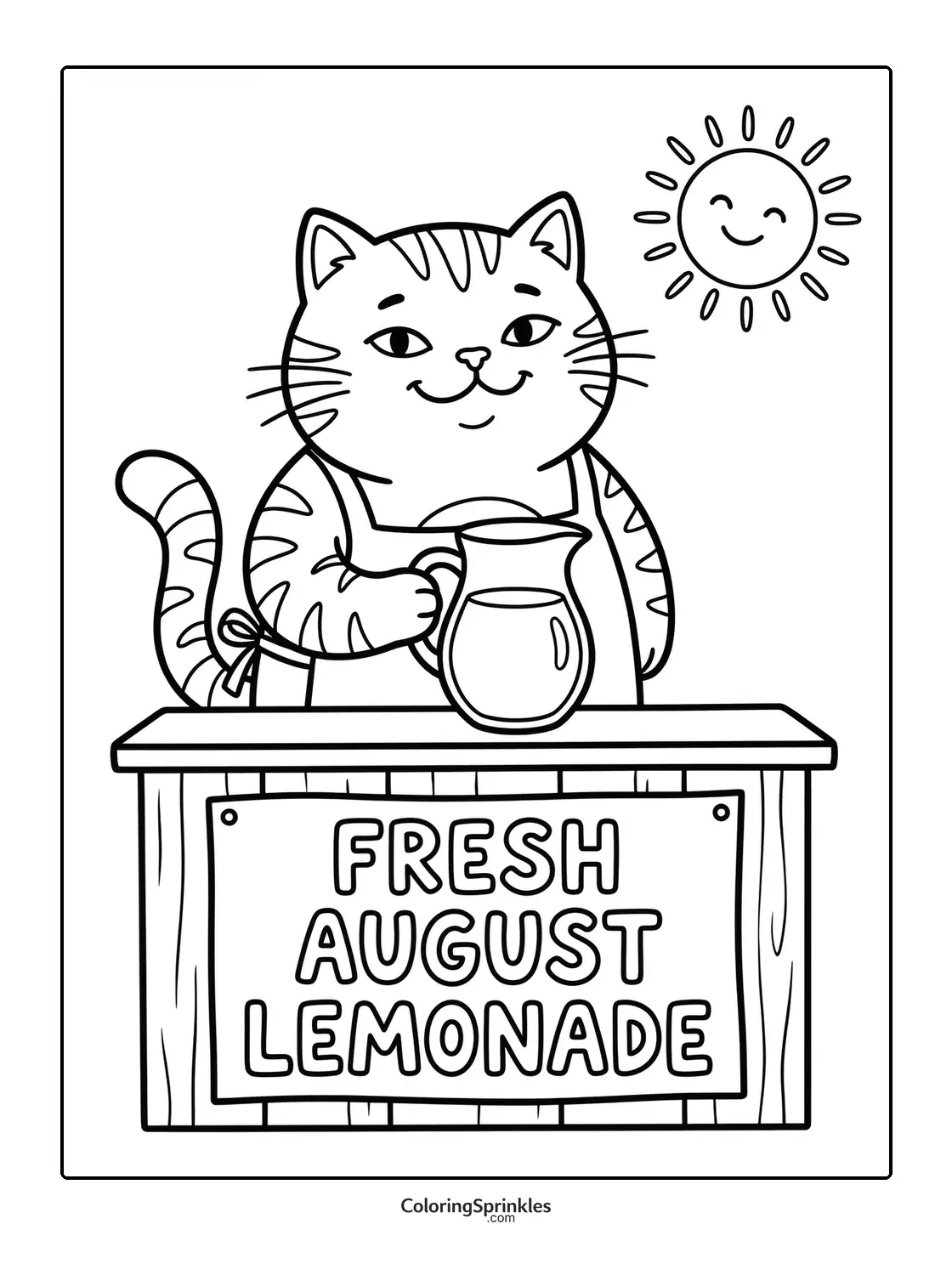 Coloring page of a cat at a lemonade stand on a sunny day