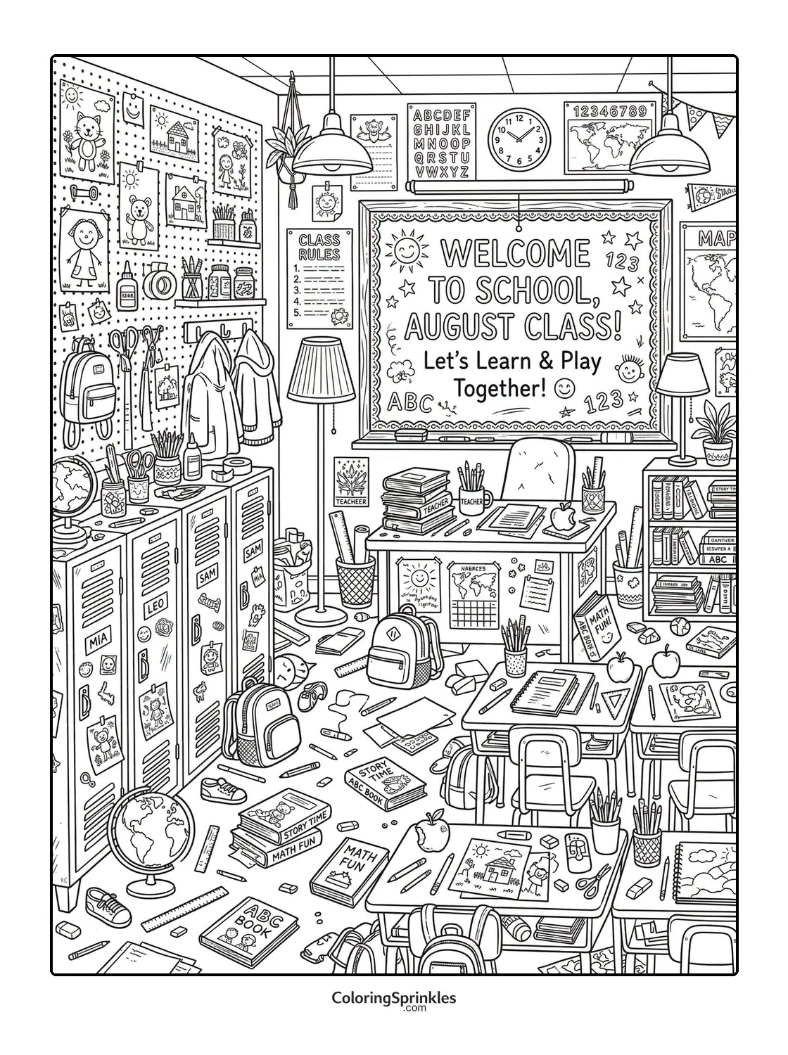 Coloring page of a classroom with back to school August class decorations and supplies