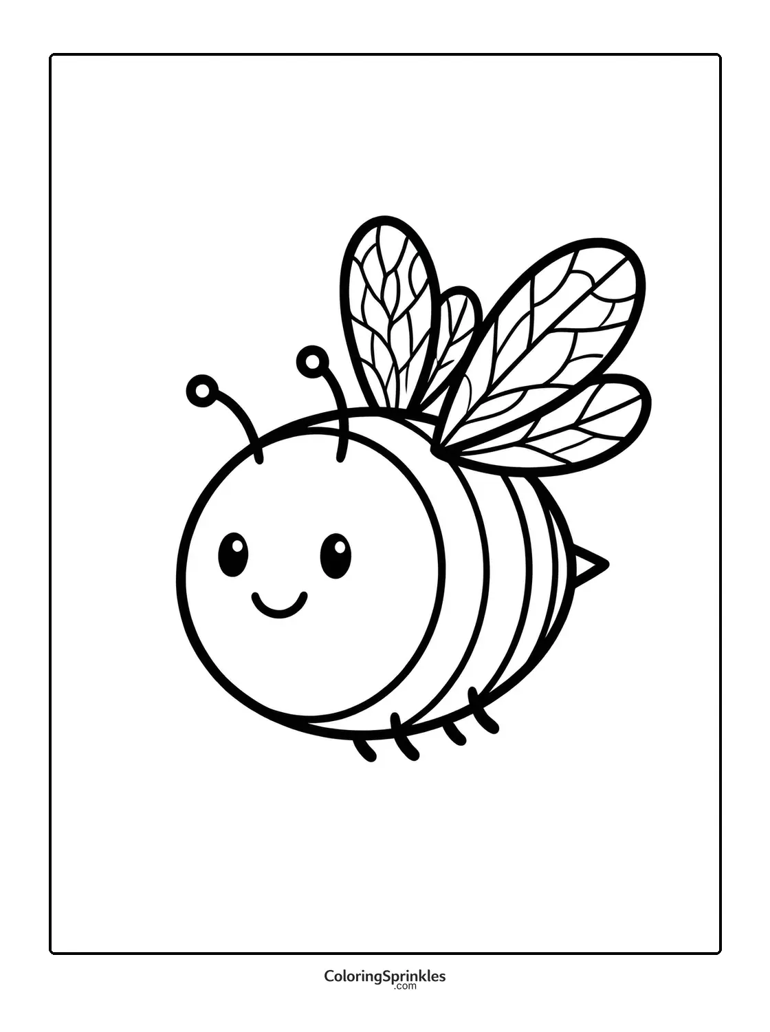Coloring page of a cute smiling bumblebee with detailed wings