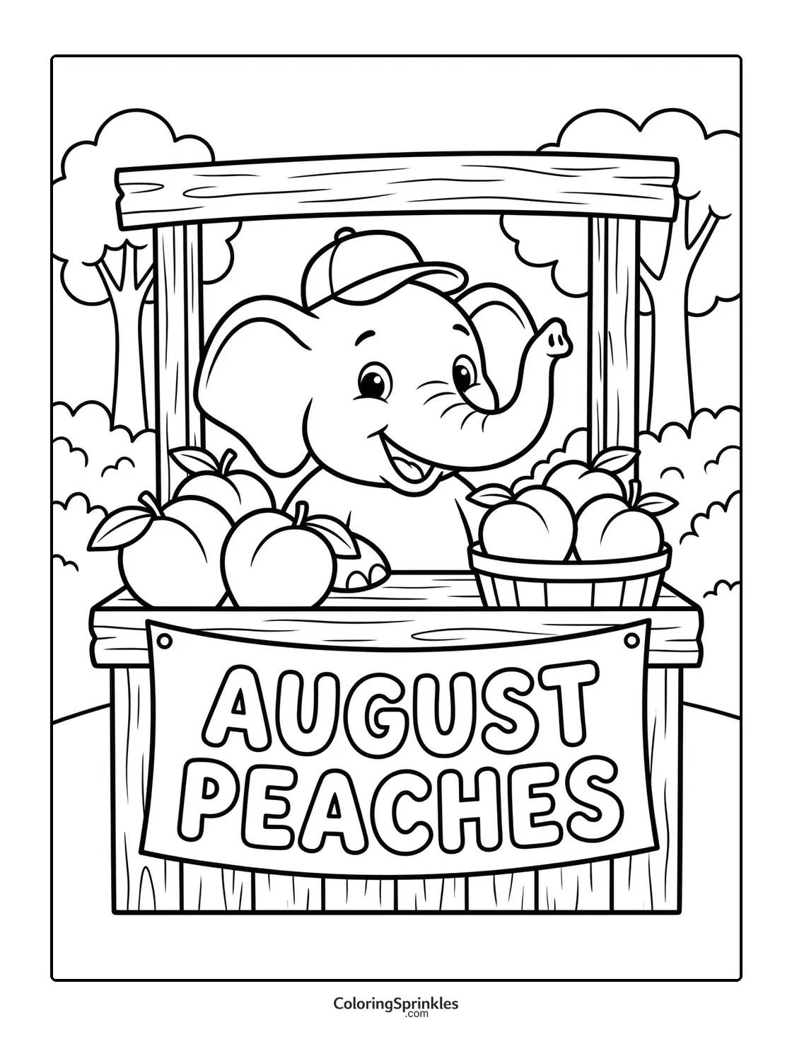 Coloring page of an elephant selling peaches at a stand in August