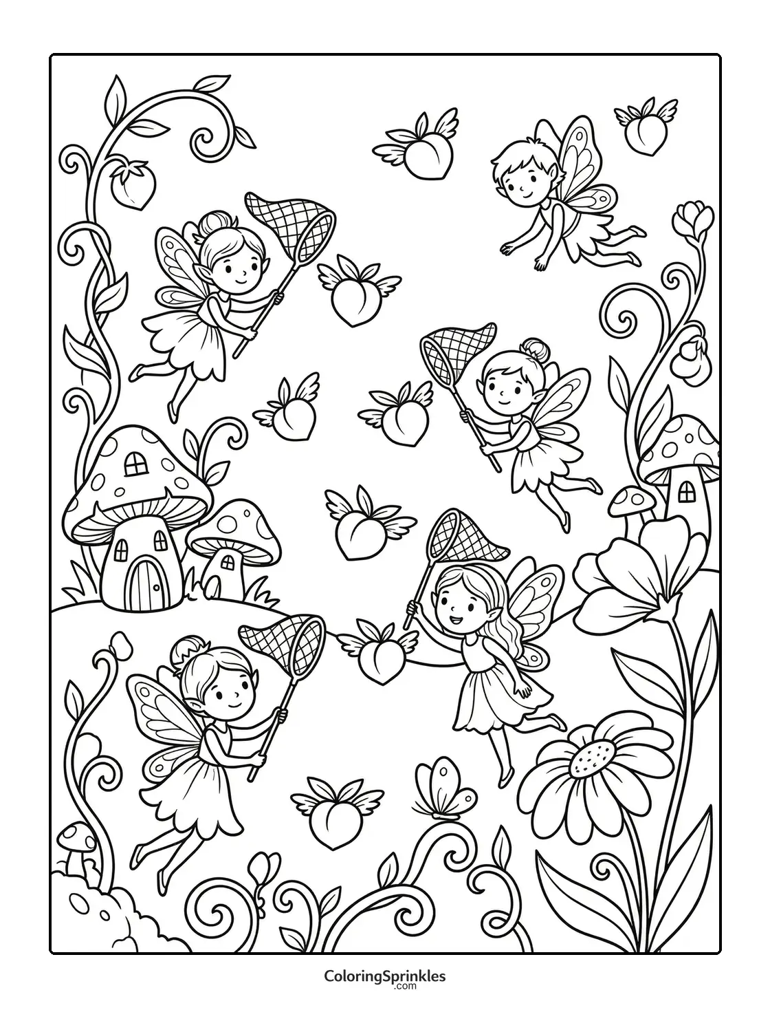 Coloring page of fairies catching winged hearts near mushroom houses