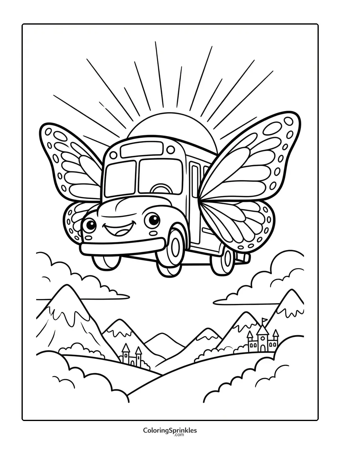 Coloring page of a flying bus with butterfly wings over mountains and castles