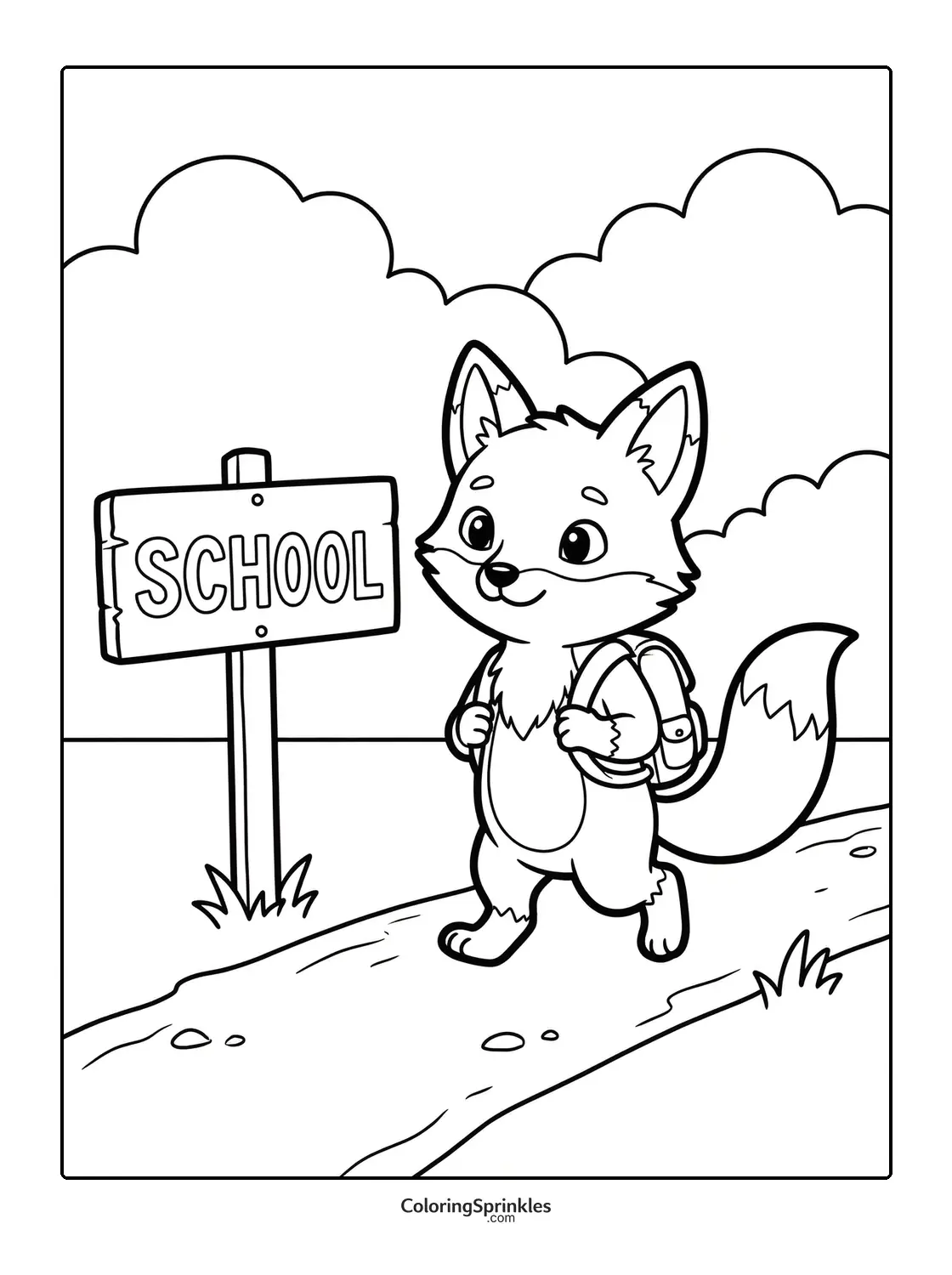 Coloring page of a fox walking with a backpack near a school sign