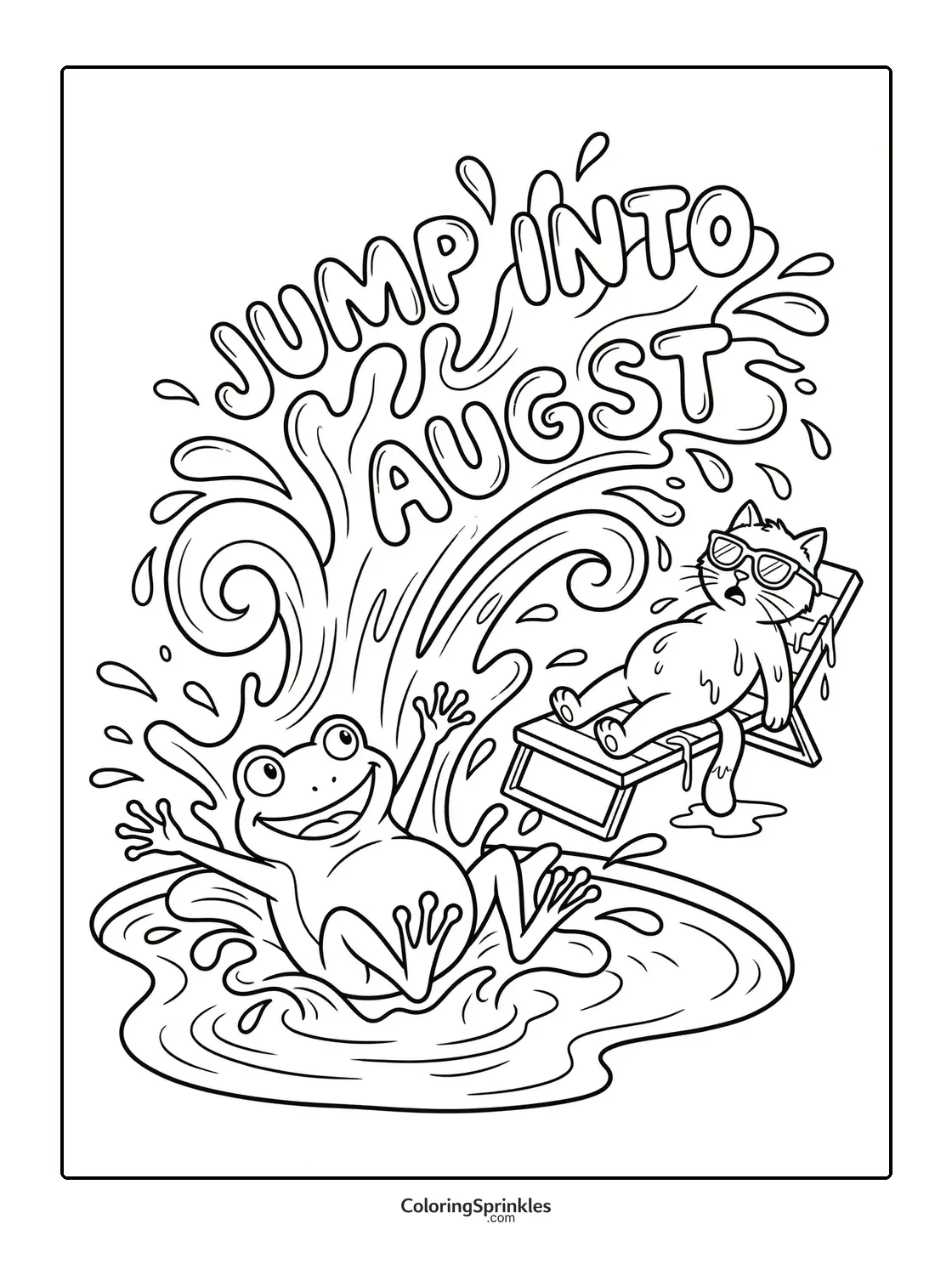 Coloring page of a frog jumping into water with a cat wearing sunglasses on a lounge chair