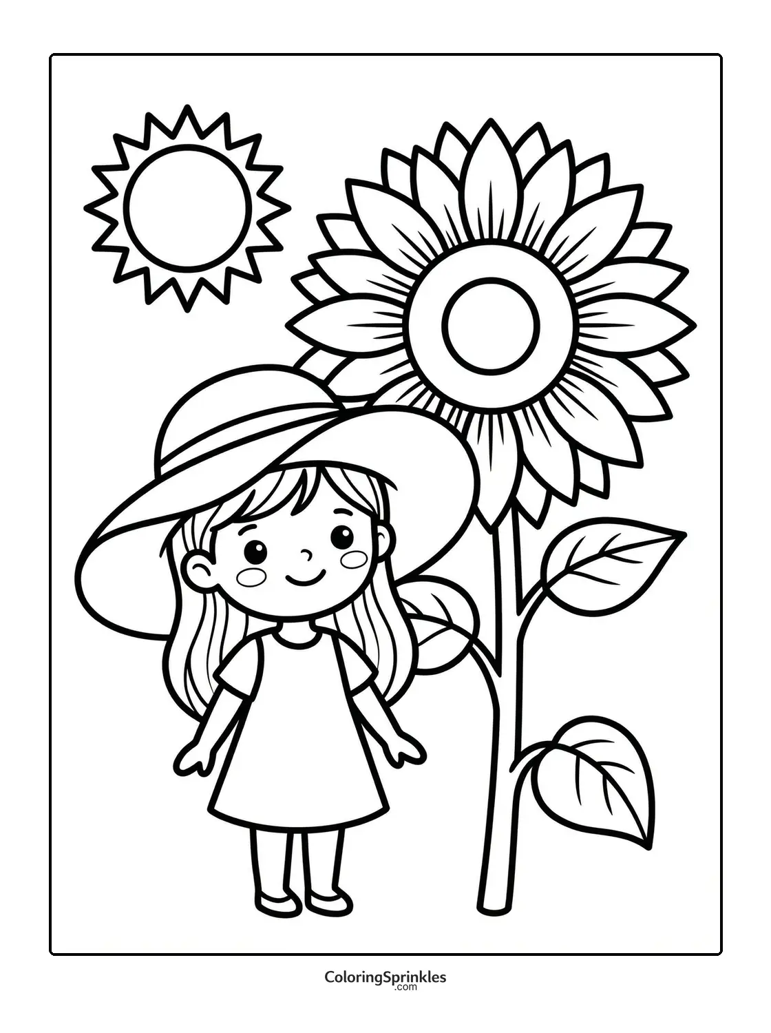 Coloring page of a girl wearing a sun hat standing next to a sunflower with the sun shining