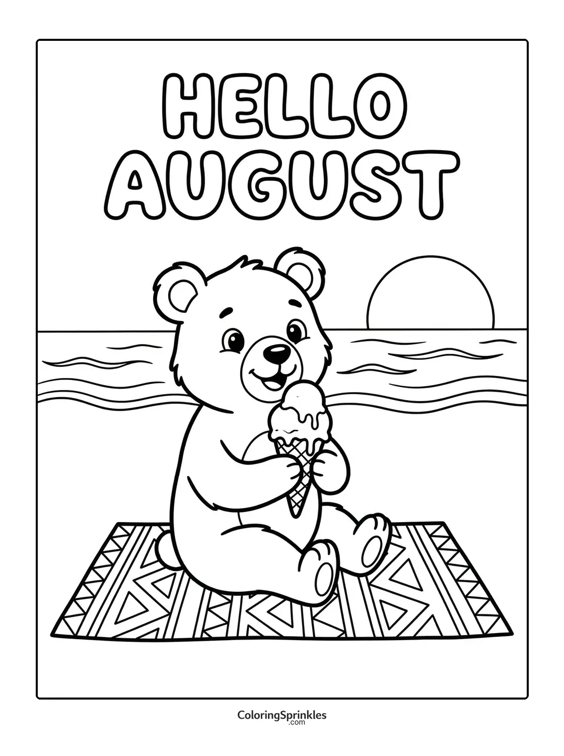 Coloring page of a bear eating ice cream at sunset with hello august text