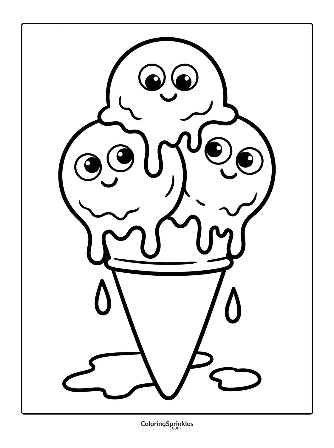 Coloring page of a melting ice cream cone with three smiling faces