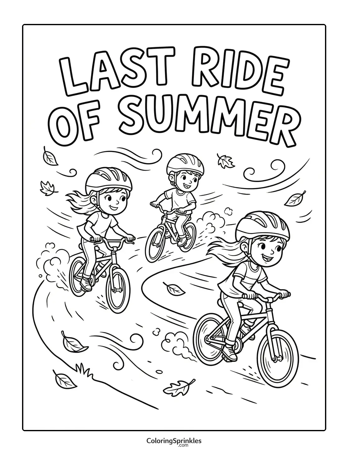 Coloring page of kids biking on the last ride of summer with falling leaves